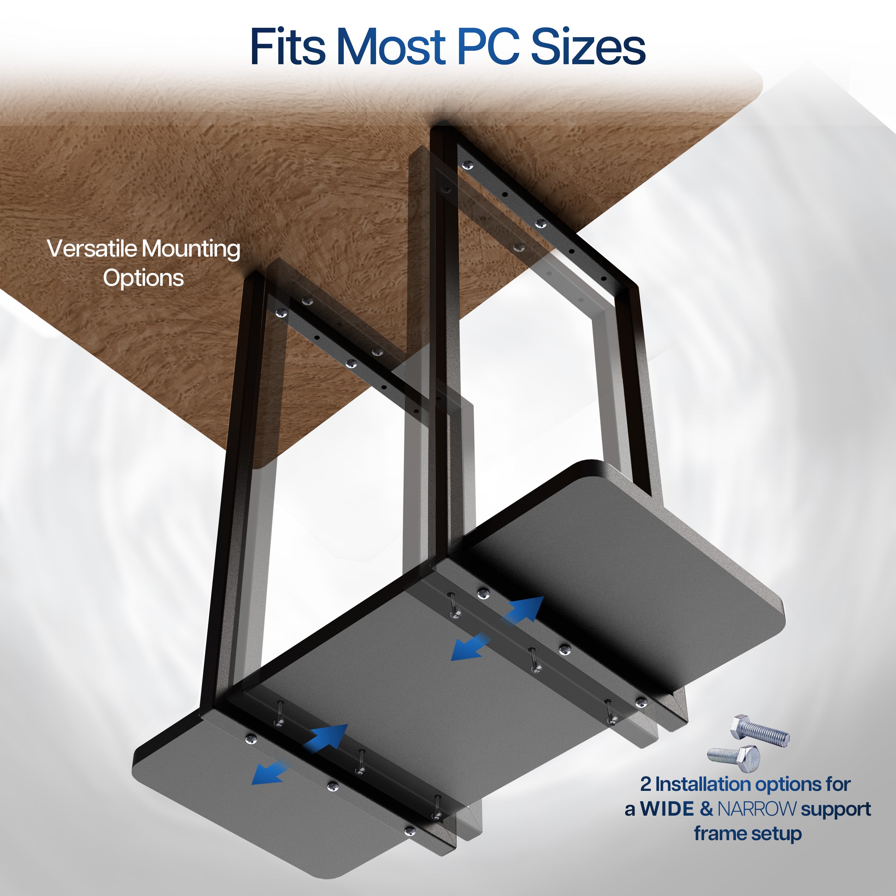 Desk mount bracket for computer equipment with text indicating versatile mounting options and installation flexibility.