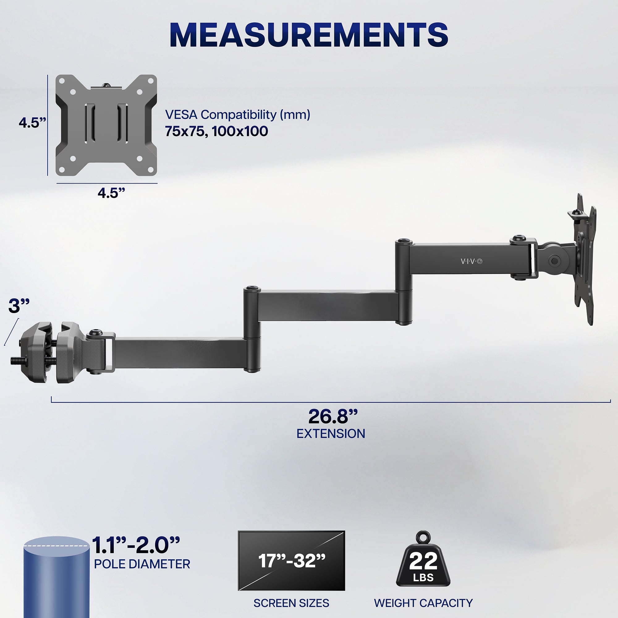 Long arm VESA monitor pole mount dimensions showing extended reach and adjustable articulating joints