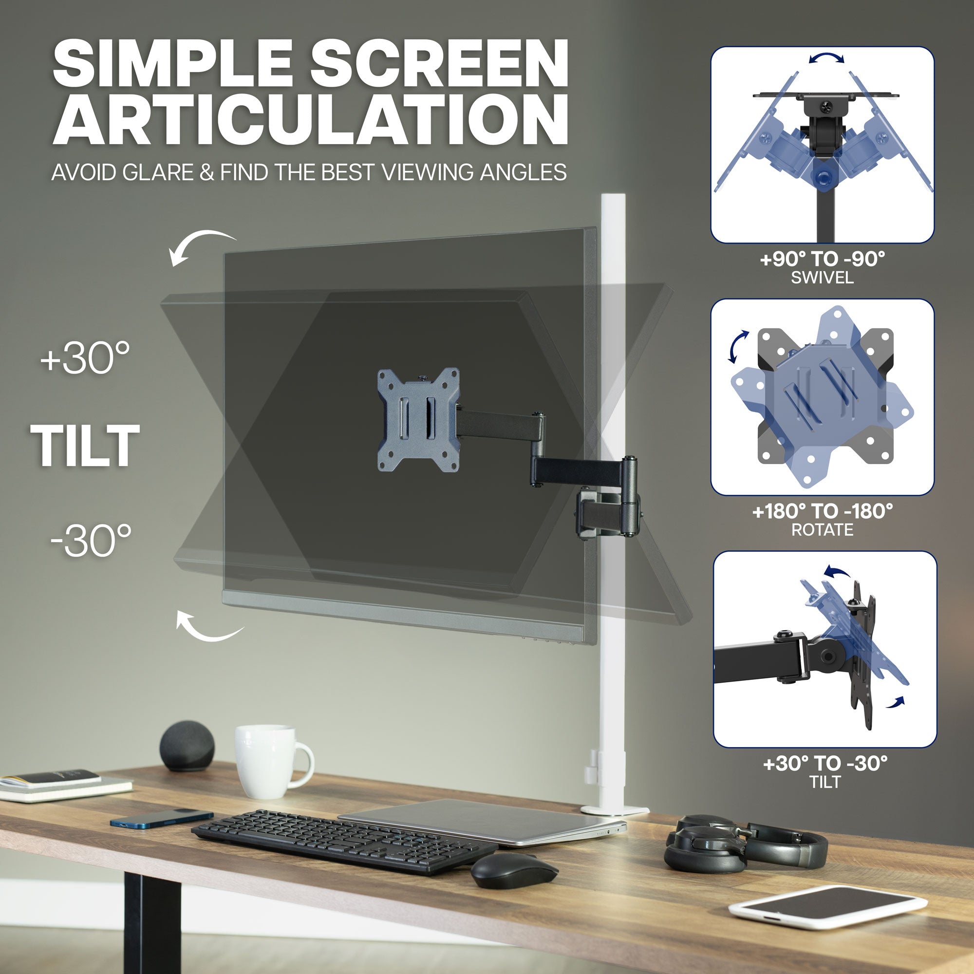 Adjustable monitor pole mount with tilt, swivel, and rotation for customized screen positioning