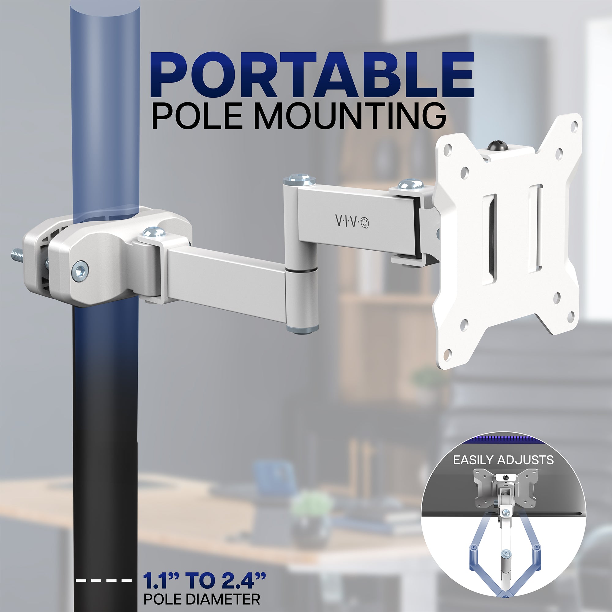 Portable pole mounting bracket shown attached to a blue and black pole, with text reading 'PORTABLE POLE MOUNTING' and '1.1" TO 2.