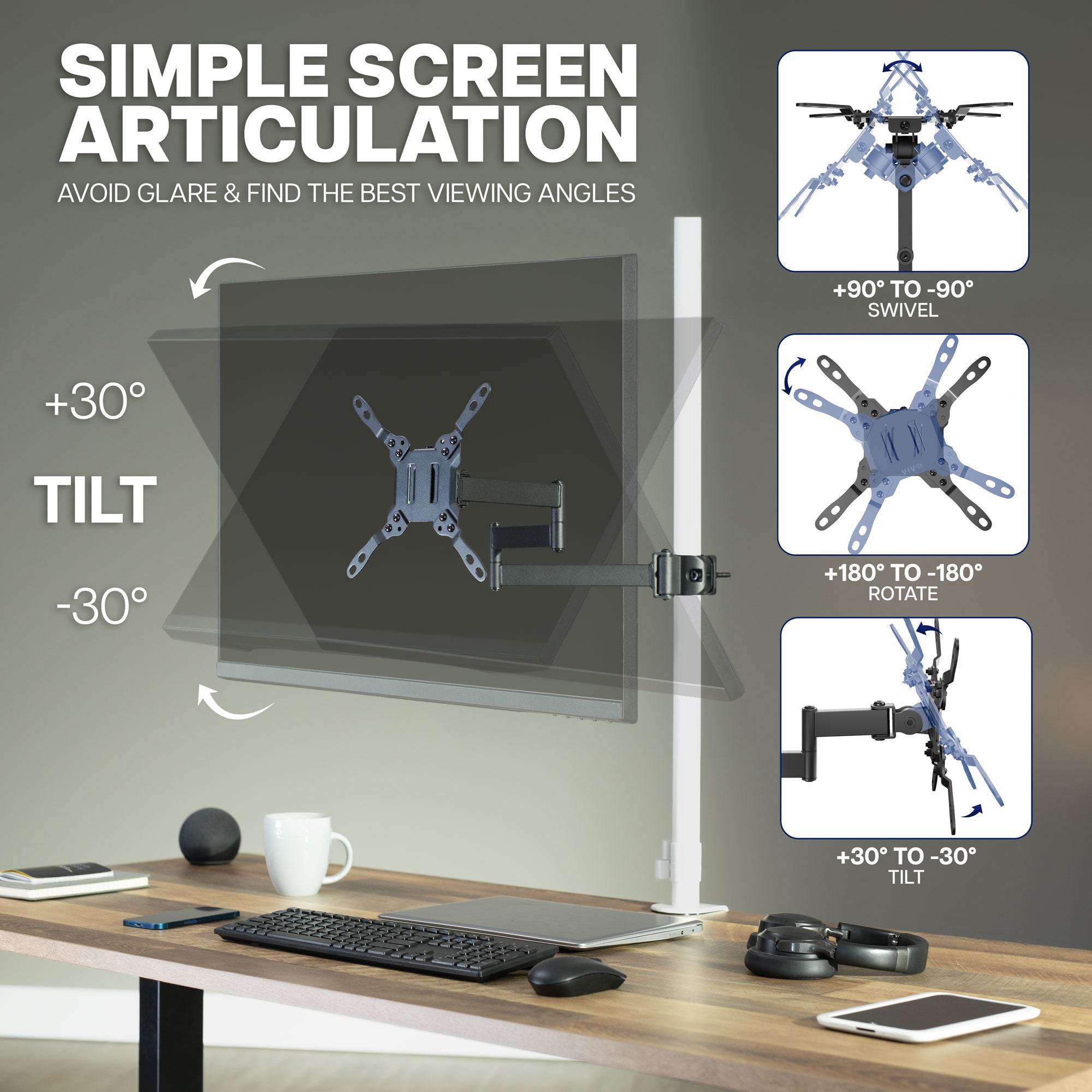 Long Arm VESA Monitor Pole Mount - 23" to 43" Screens