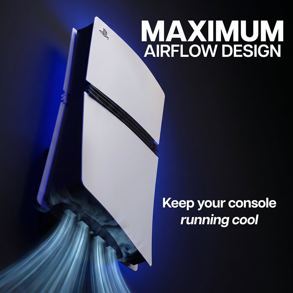 A white PlayStation 5 console shown at an angle with blue airflow graphics and text reading 'MAXIMUM AIRFLOW DESIGN' and 'Keep your console running cool' on a dark background.