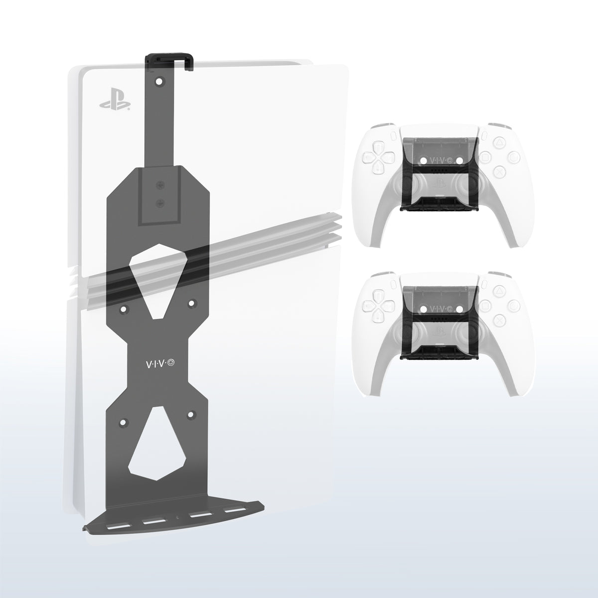 A black metal PlayStation 5 console mount with a mounting bracket and two matching wireless controllers shown on a light gray background.