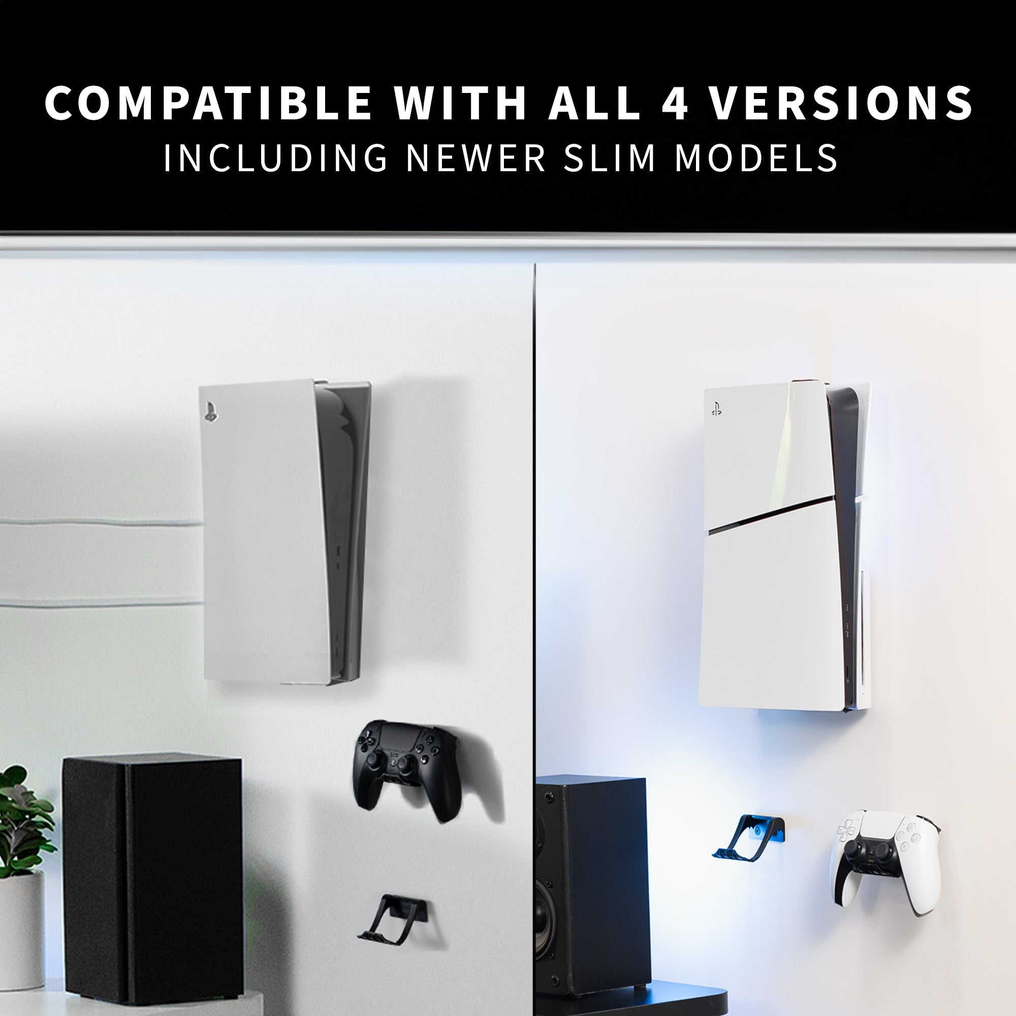 Gaming console and accessories on a white background with text indicating compatibility.