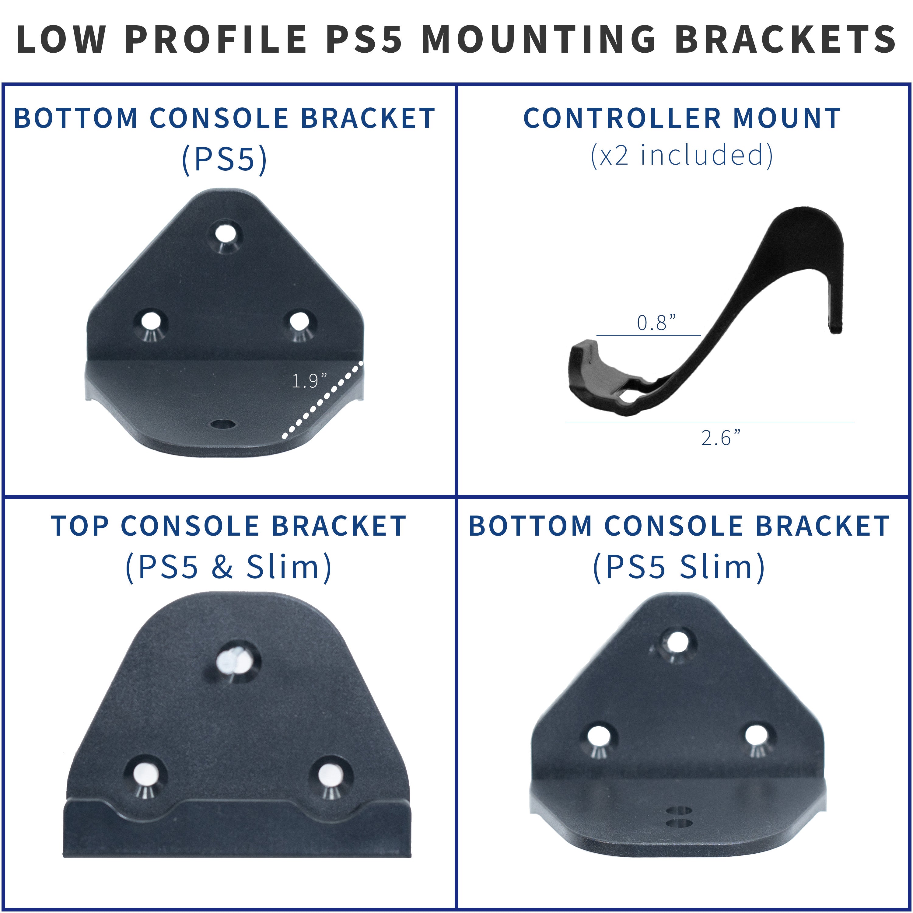 Set of low profile PS5 mounting brackets with labels on a white background