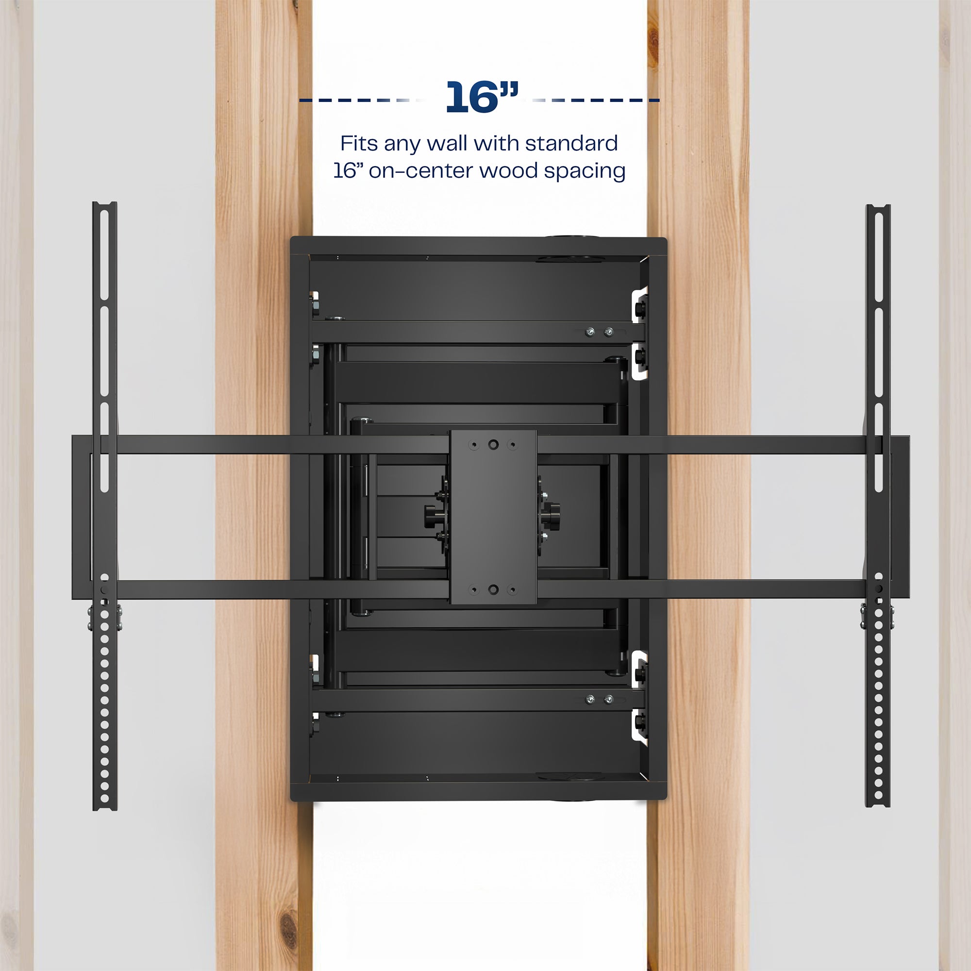 A black large TV wall mount in between two studs displaying that it can fit between standard wood studs.