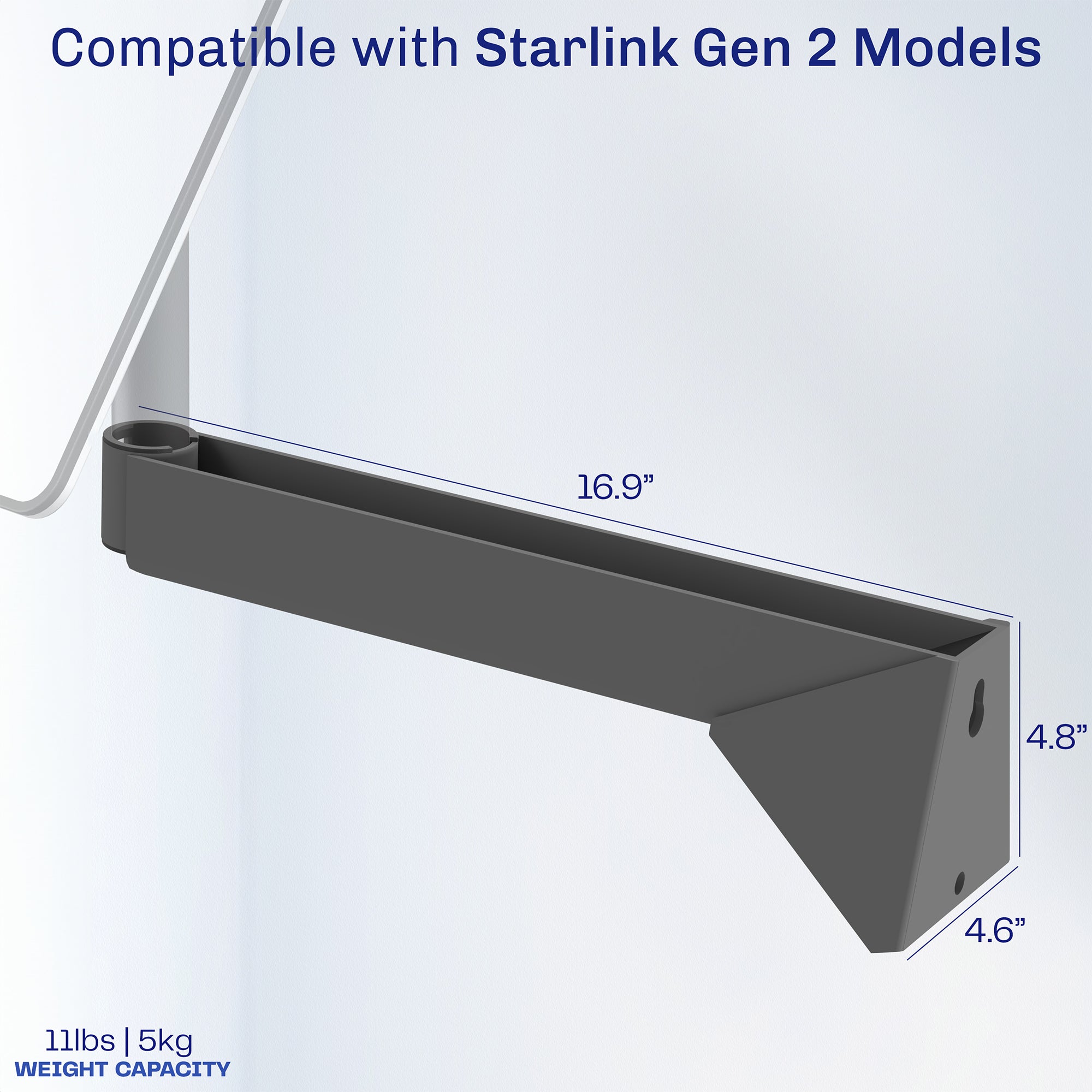 Long-armed wall mount for Starlink Gen2. Install to wood, brick, concrete or metal (hardware included)