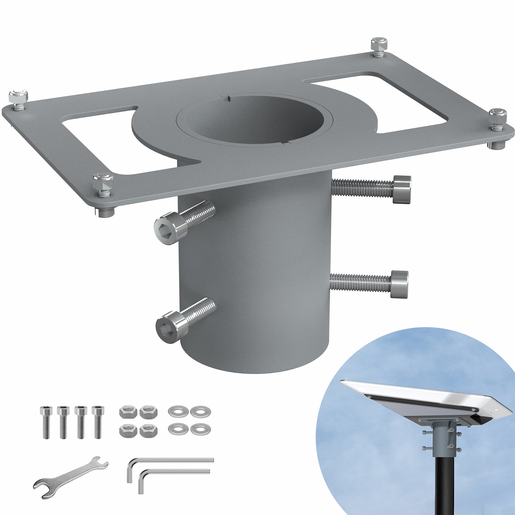 A gray pole adapter with various mounting hardware, including bolts and wrenches, displayed on a white background.