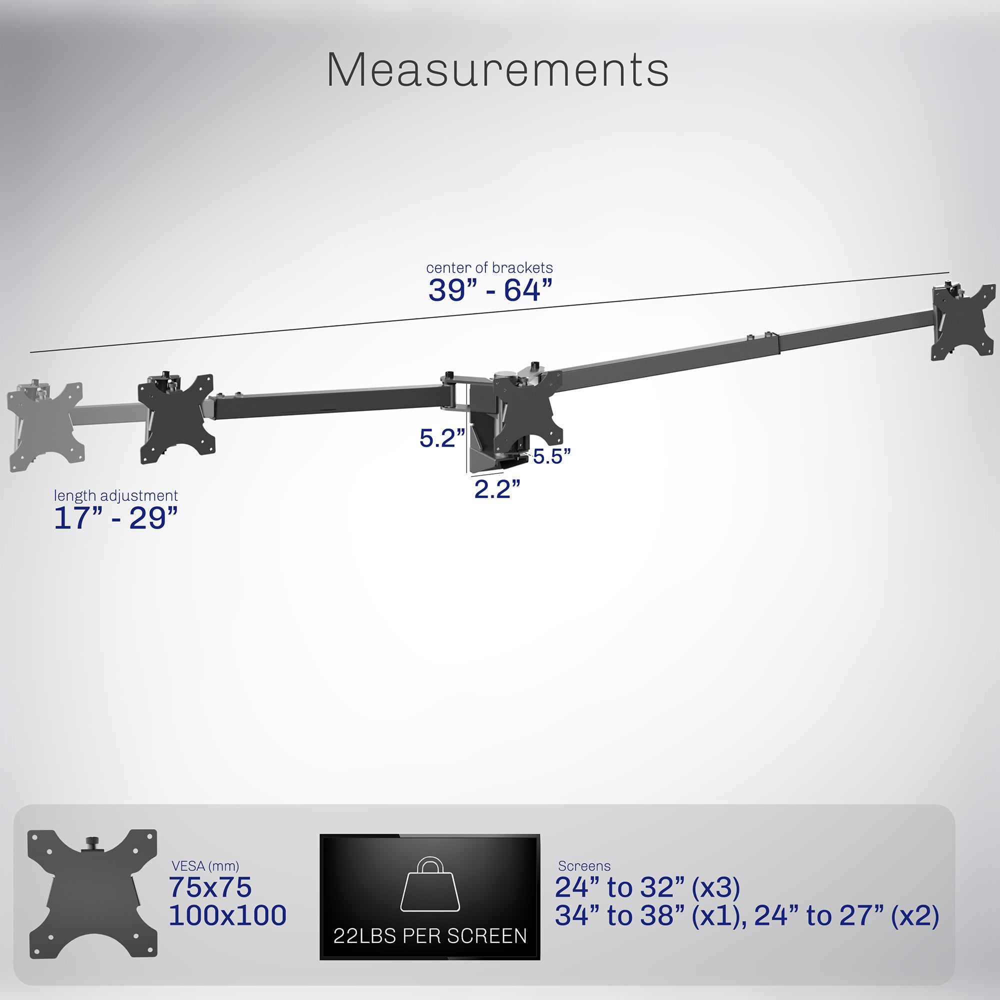 A black telescoping triple monitor wall mount with adjustable arms and measurement text.