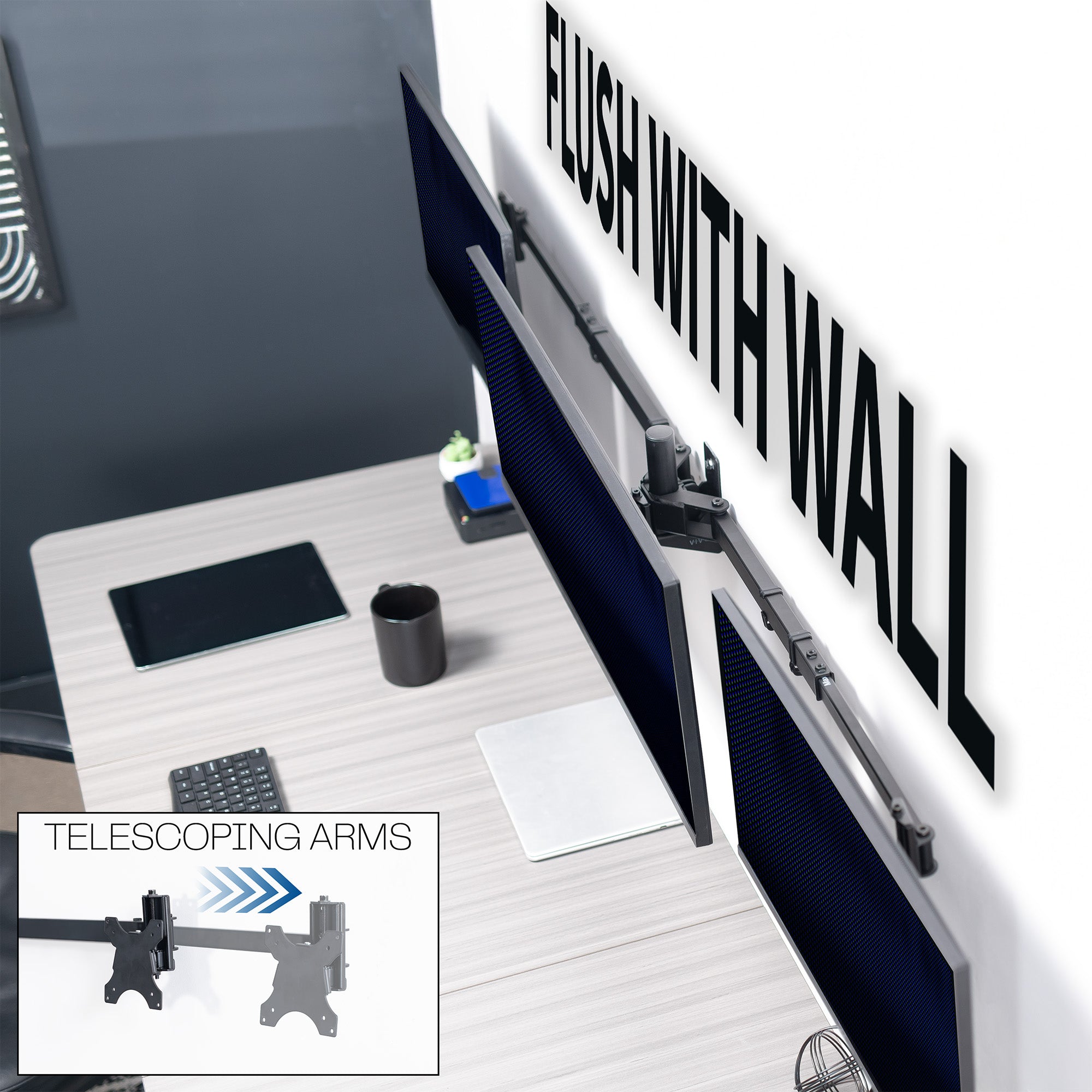 A black telescoping triple monitor wall mount that is flush against the wall.