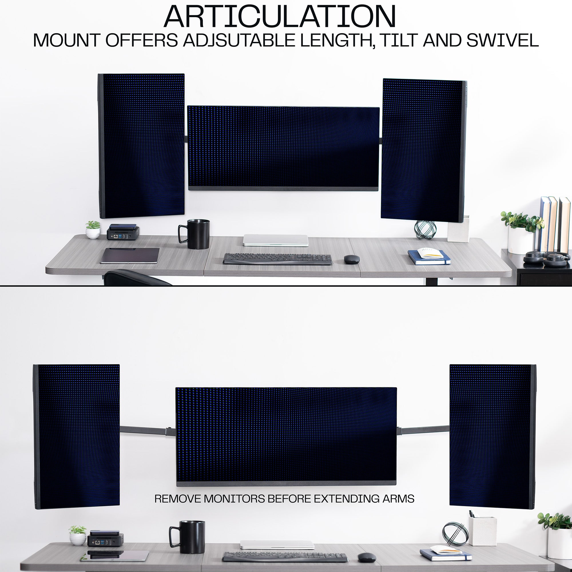A black telescoping triple monitor wall mount with articulating arms for a customized office experience.