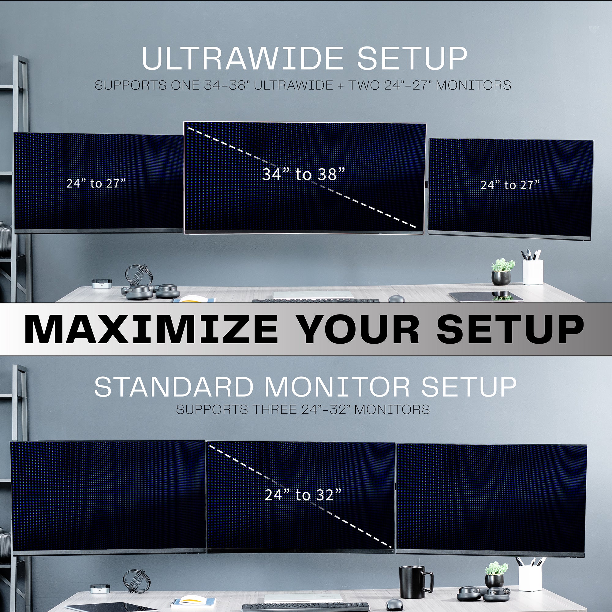 A black telescoping triple monitor wall mount with adjustable arms for mounting multiple screens.