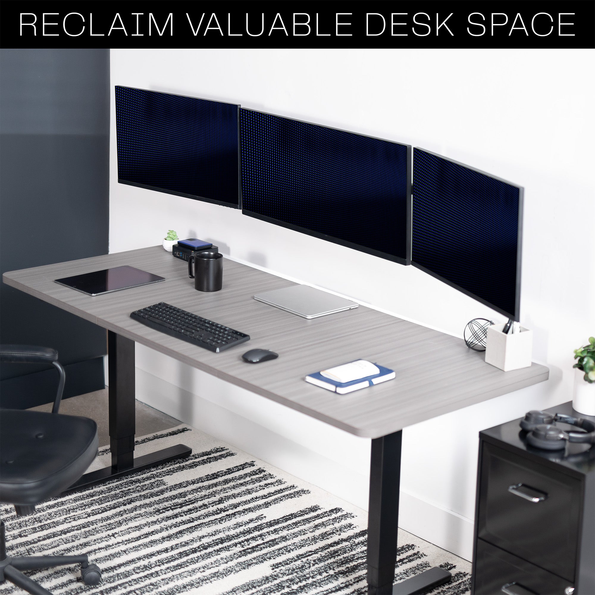 A black telescoping triple monitor wall mount with adjustable arms for mounting multiple screens.