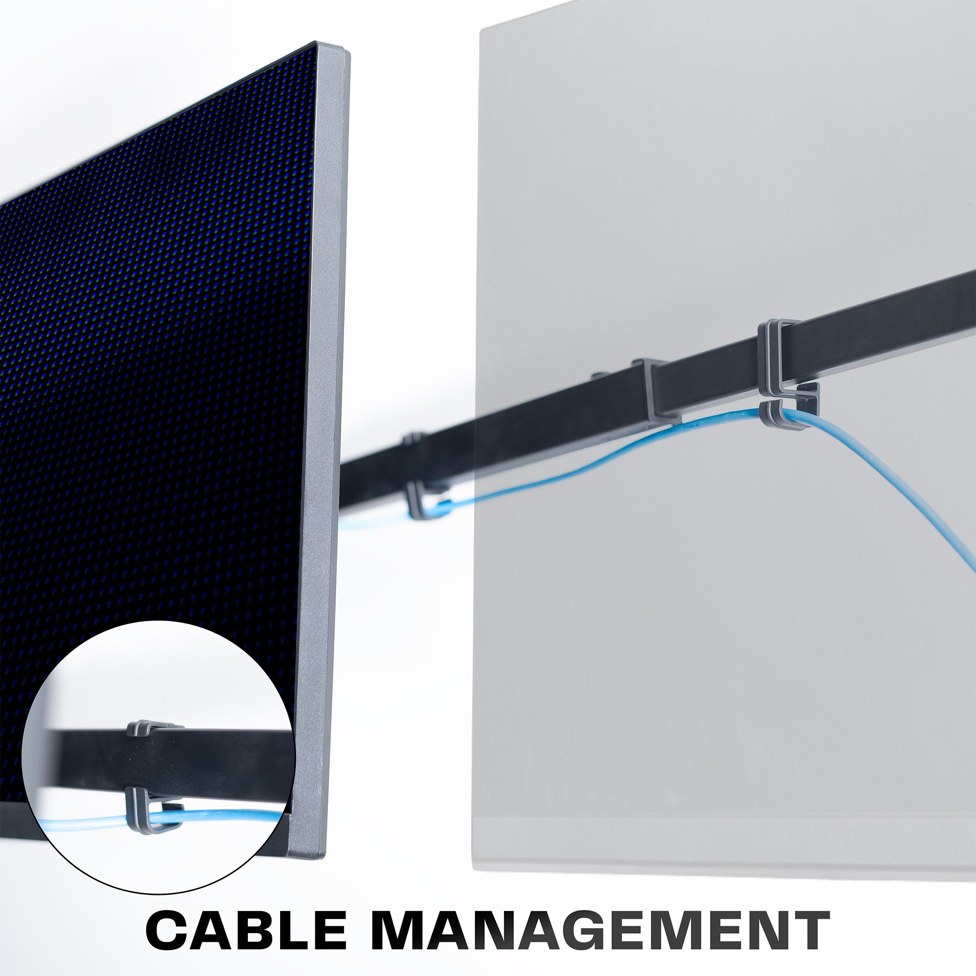 A black telescoping triple monitor wall mount with built-in cable management.