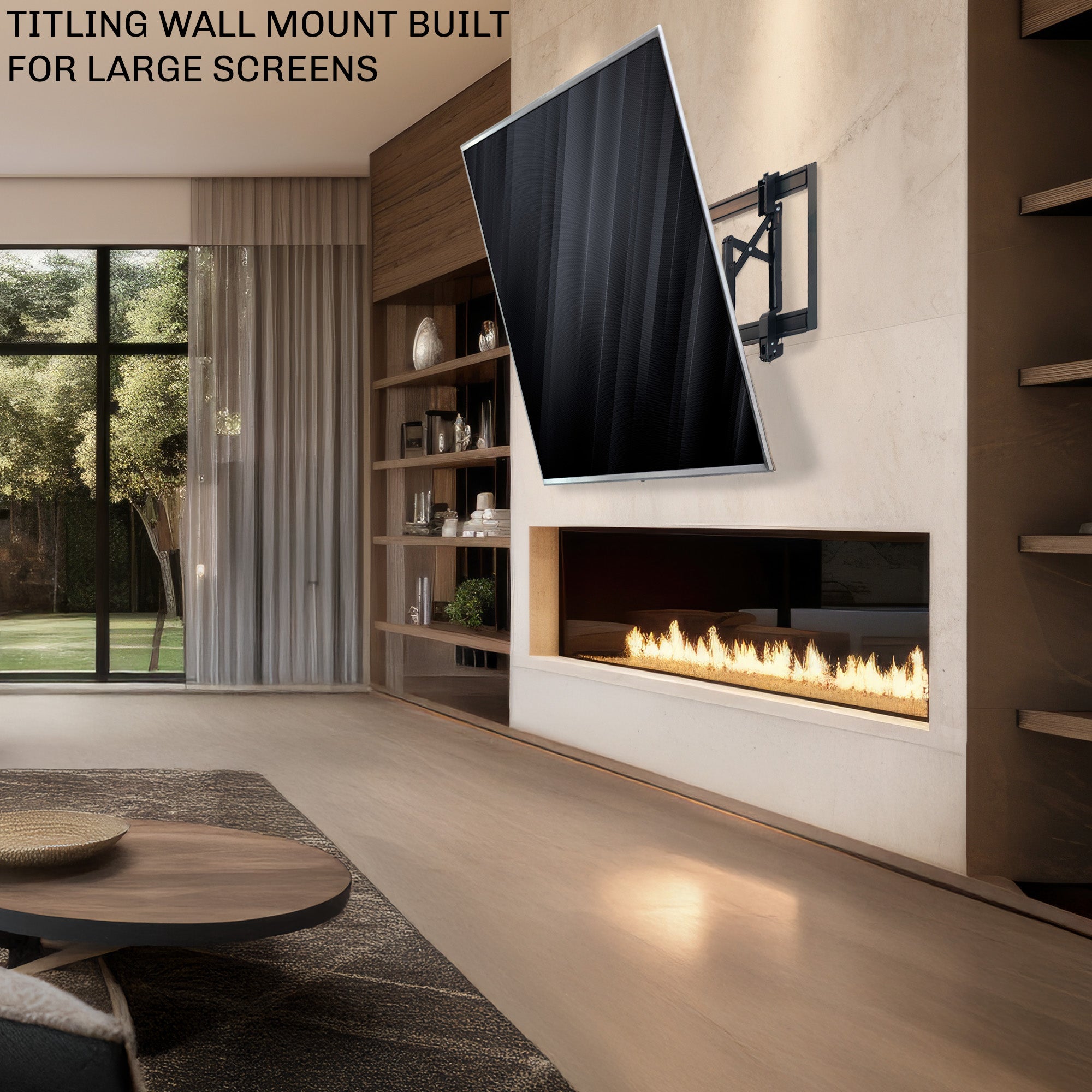 Modern living room with a large TV mounted on the wall above a fireplace.