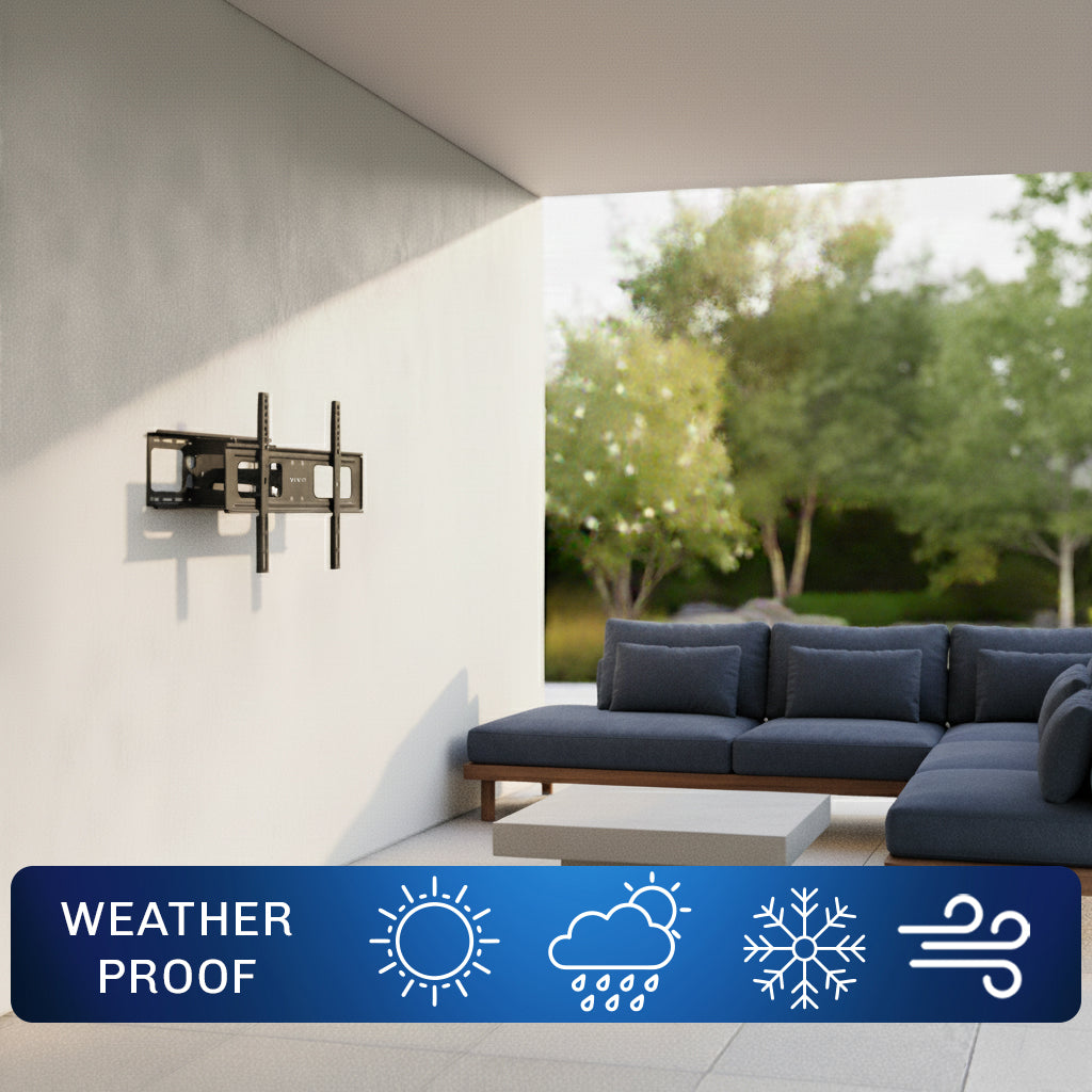 Outdoor patio with weatherproof TV mount and sofa, featuring weather icons.