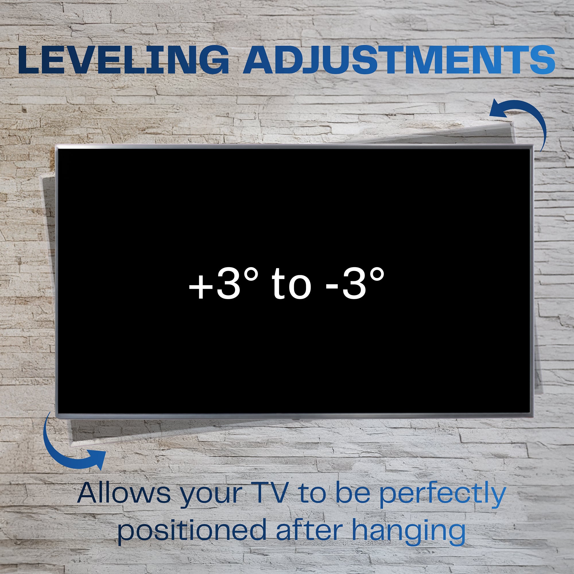 Black full motion TV wall mount with adjustable arms for mounting televisions to the wall and text on level adjustments.