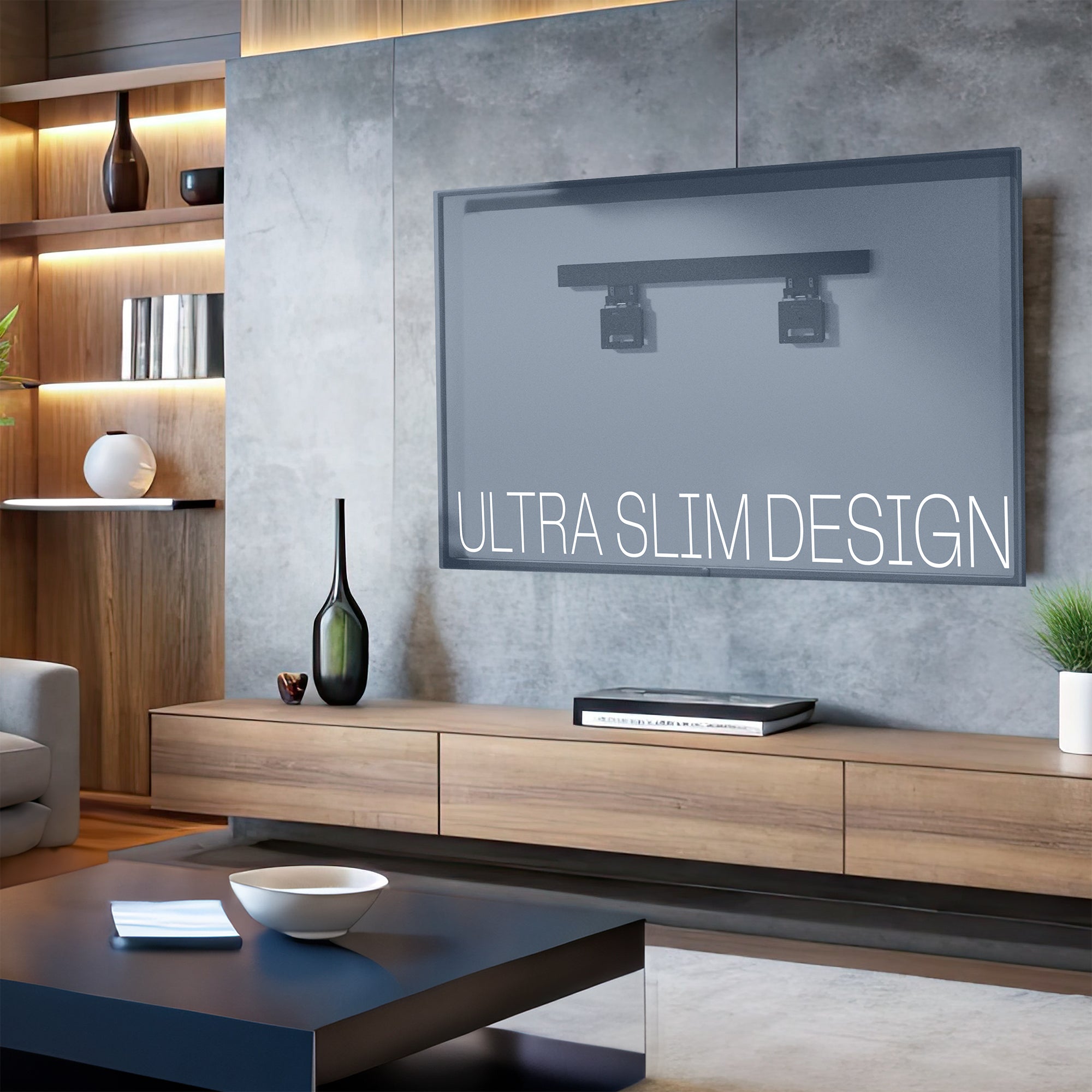Micro gap ultra low profile slim TV wall mount with adjustable VESA brackets, easy cable access, protective padding, and a simple installation process.