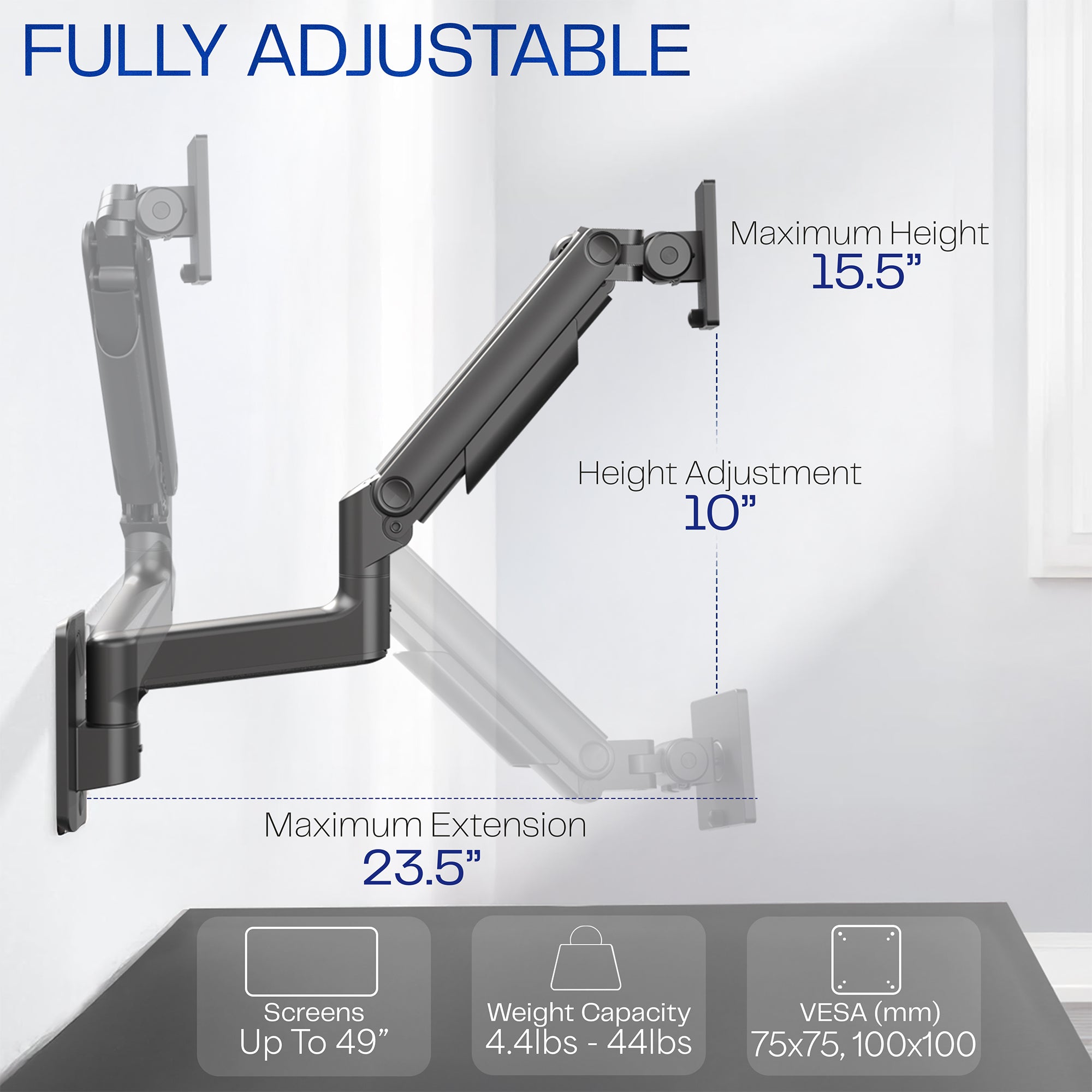 A single ultrawide computer monitor attached to a pneumatic arm wall mount, with the arm extended to the side showing adjustment feature.