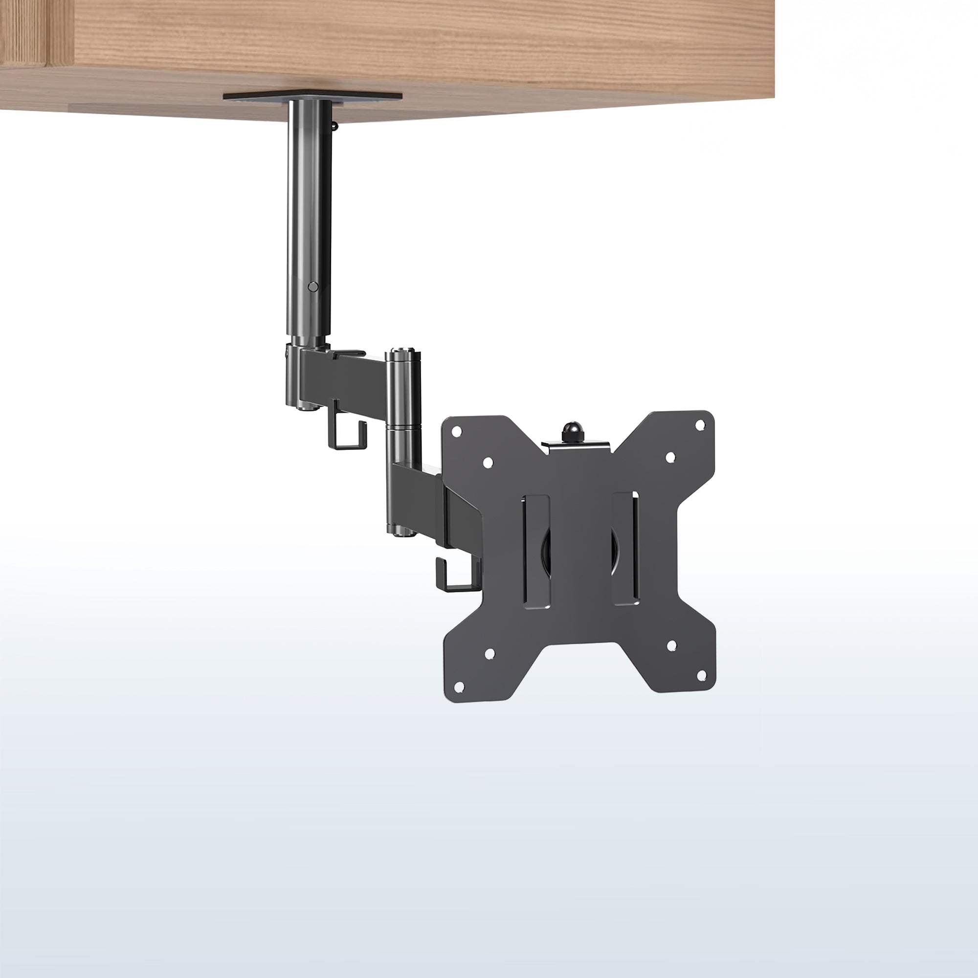Under cabinet mounted single monitor or TV mount, height adjustable and articulating with built-in cable management. Simple installation with all necessary hardware included.