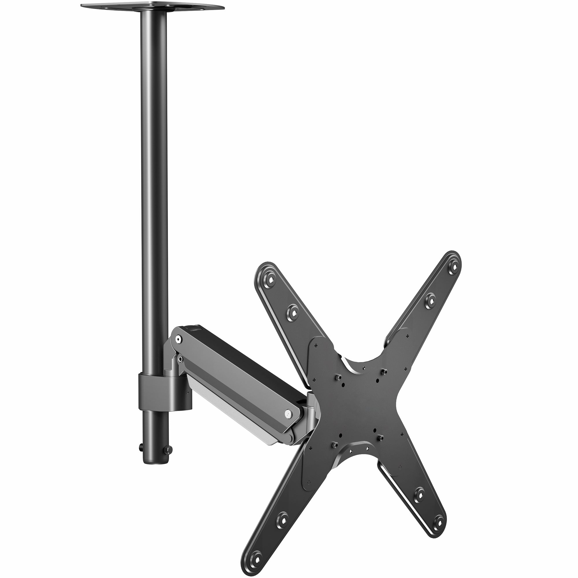 Articulating ceiling TV mount in black color.