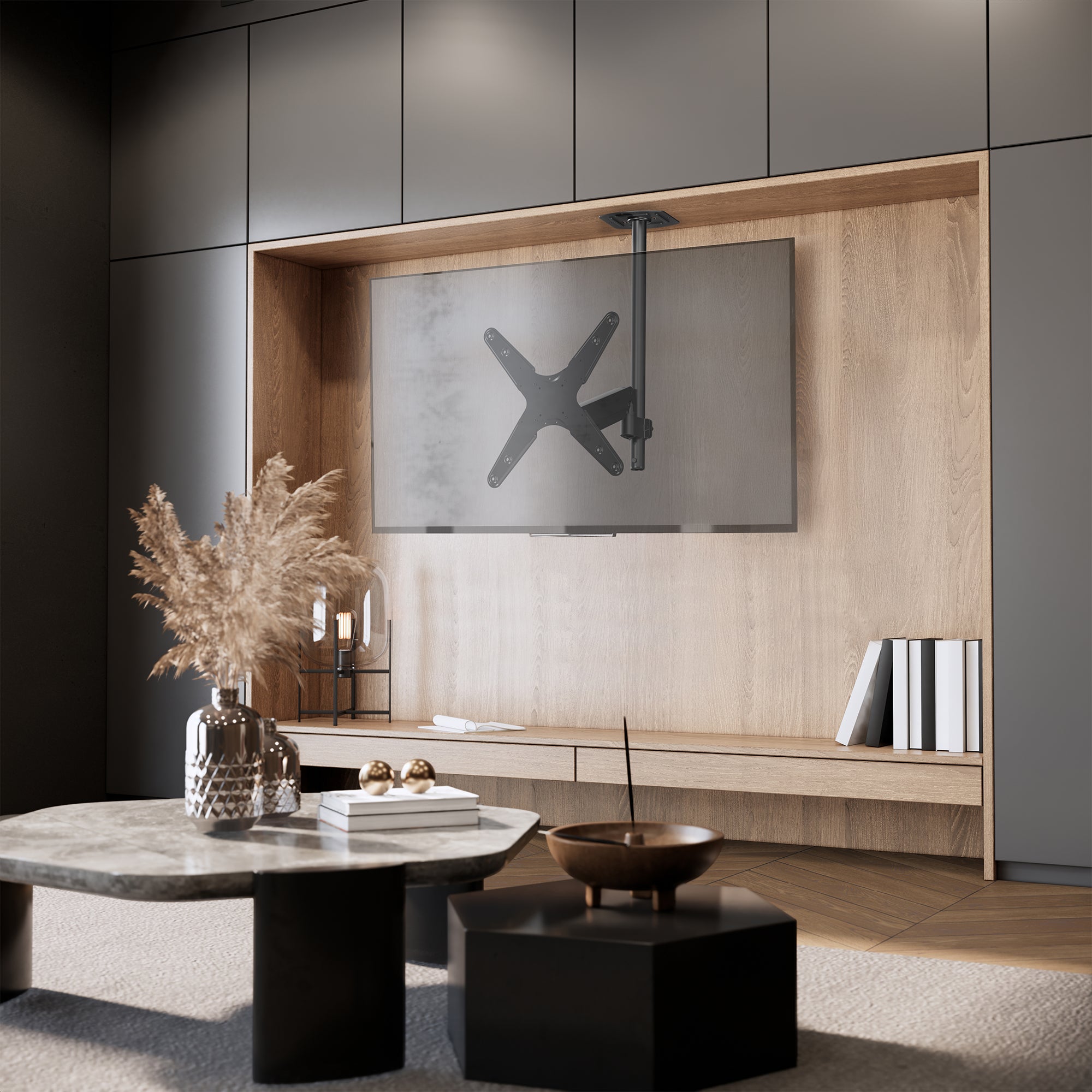 Articulating ceiling TV mount in black color in a modern room.