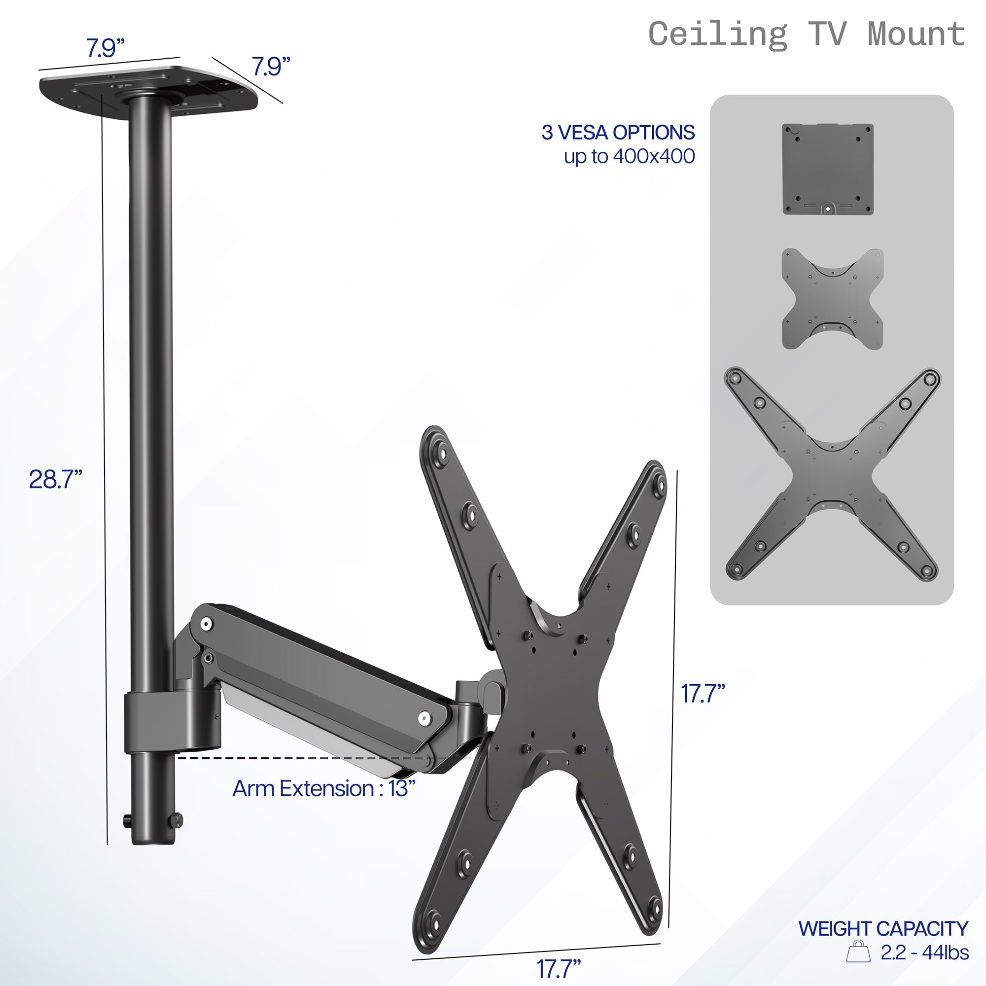 Articulating ceiling TV mount in black color with measurement text.