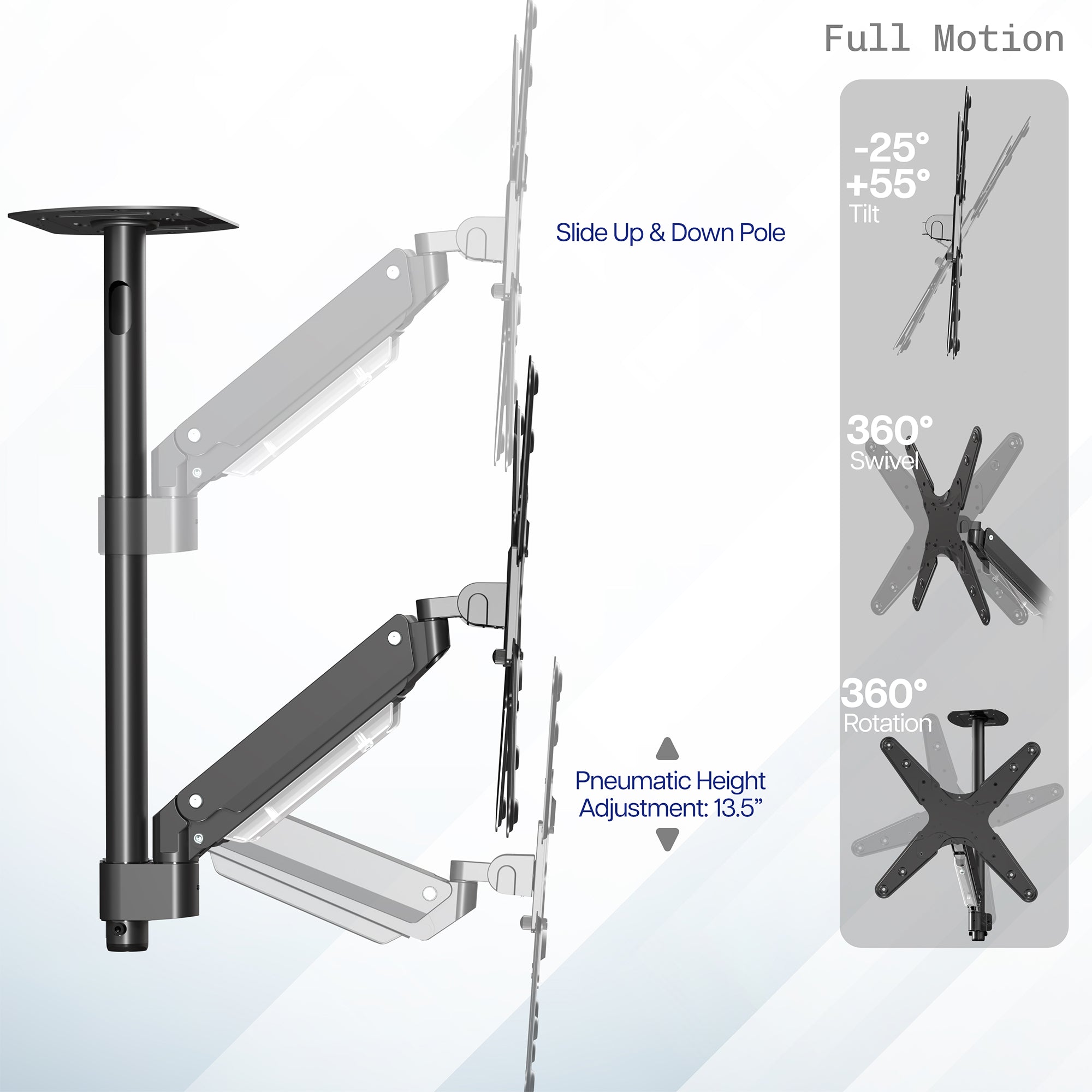 Articulating ceiling TV mount in black color with full motion articulation.