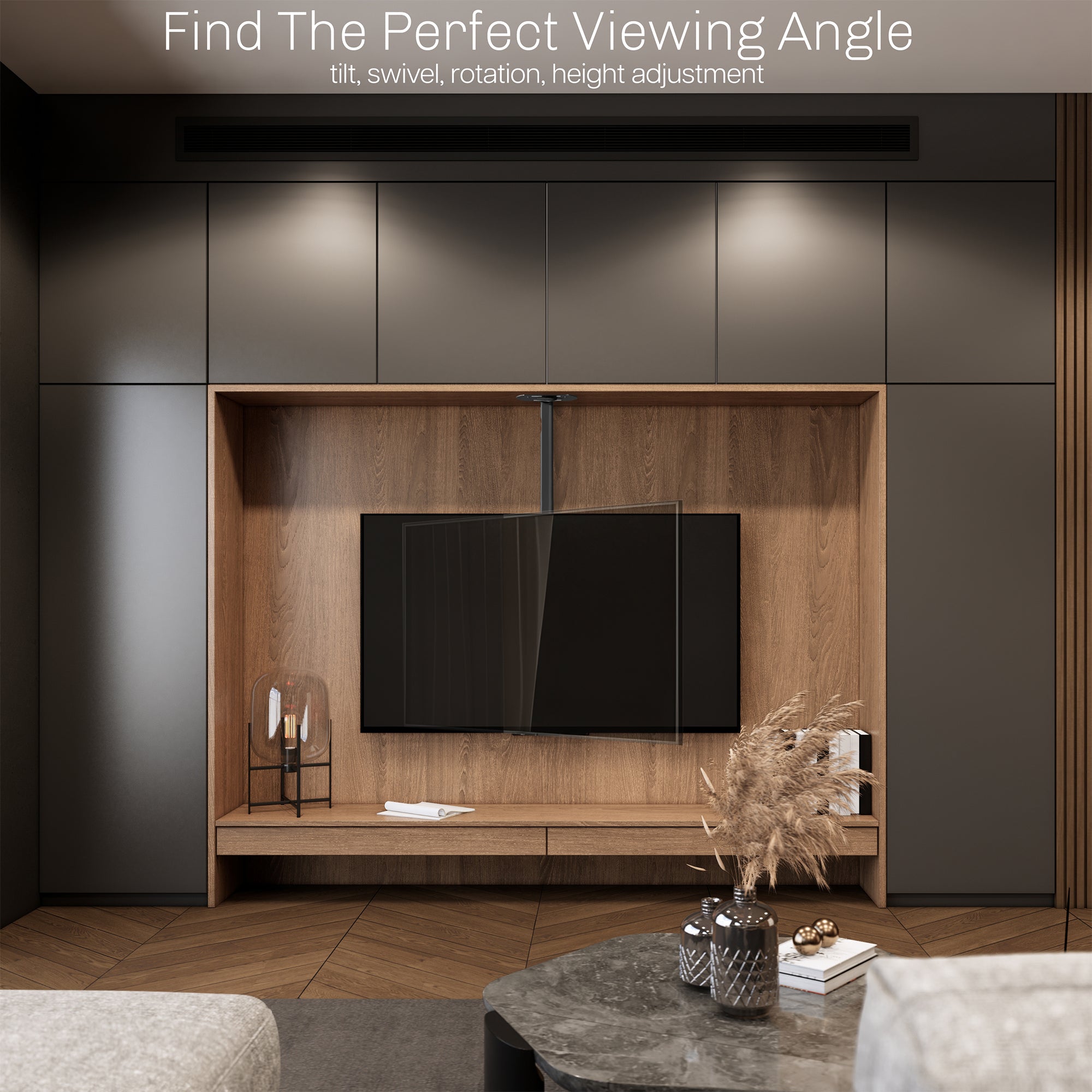 Articulating ceiling TV mount in black color with rotation and tilting adjustments for perfect viewing angle.