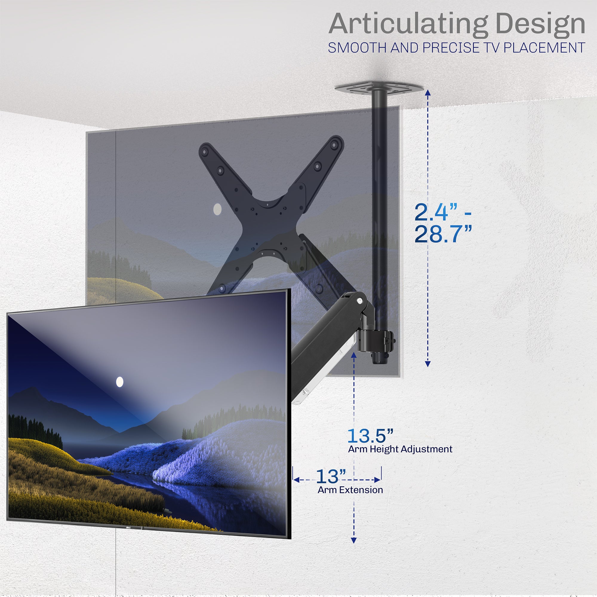 Articulating ceiling TV mount in black color.