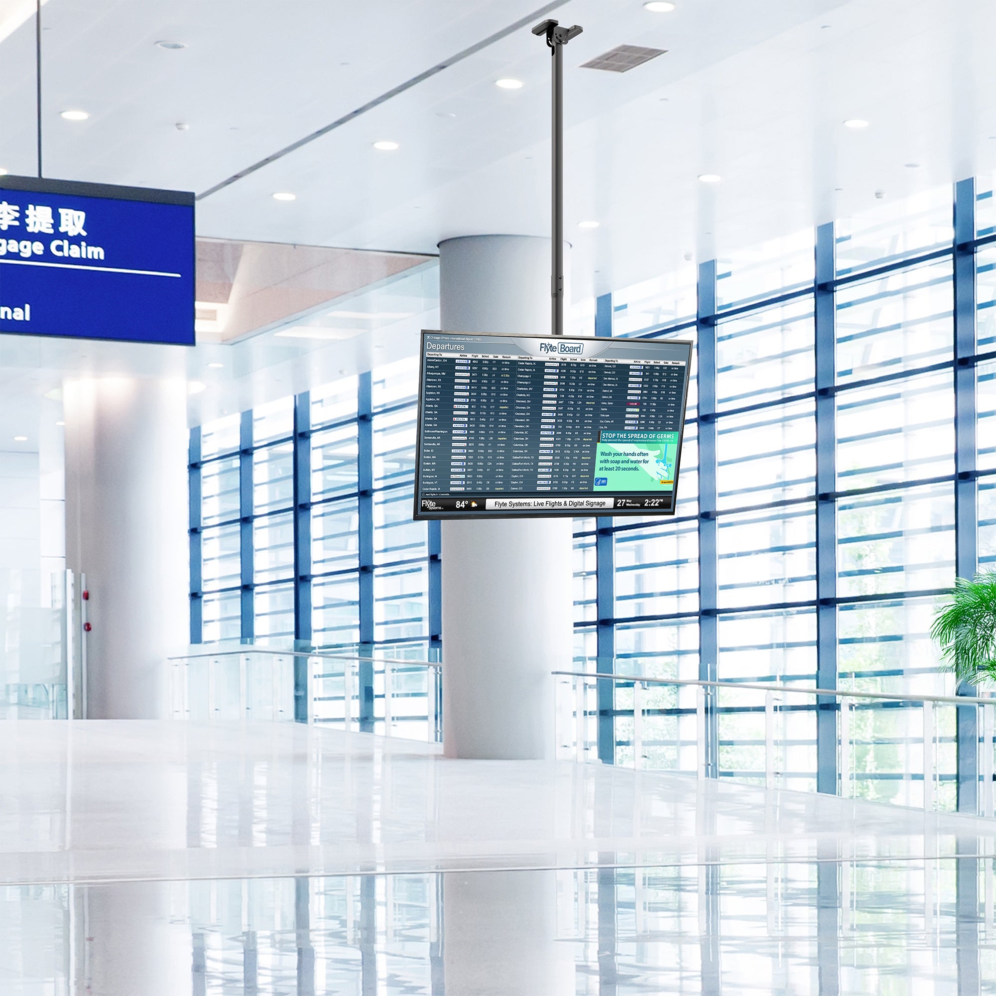 Airport terminal with digital display board on a TV ceiling mount