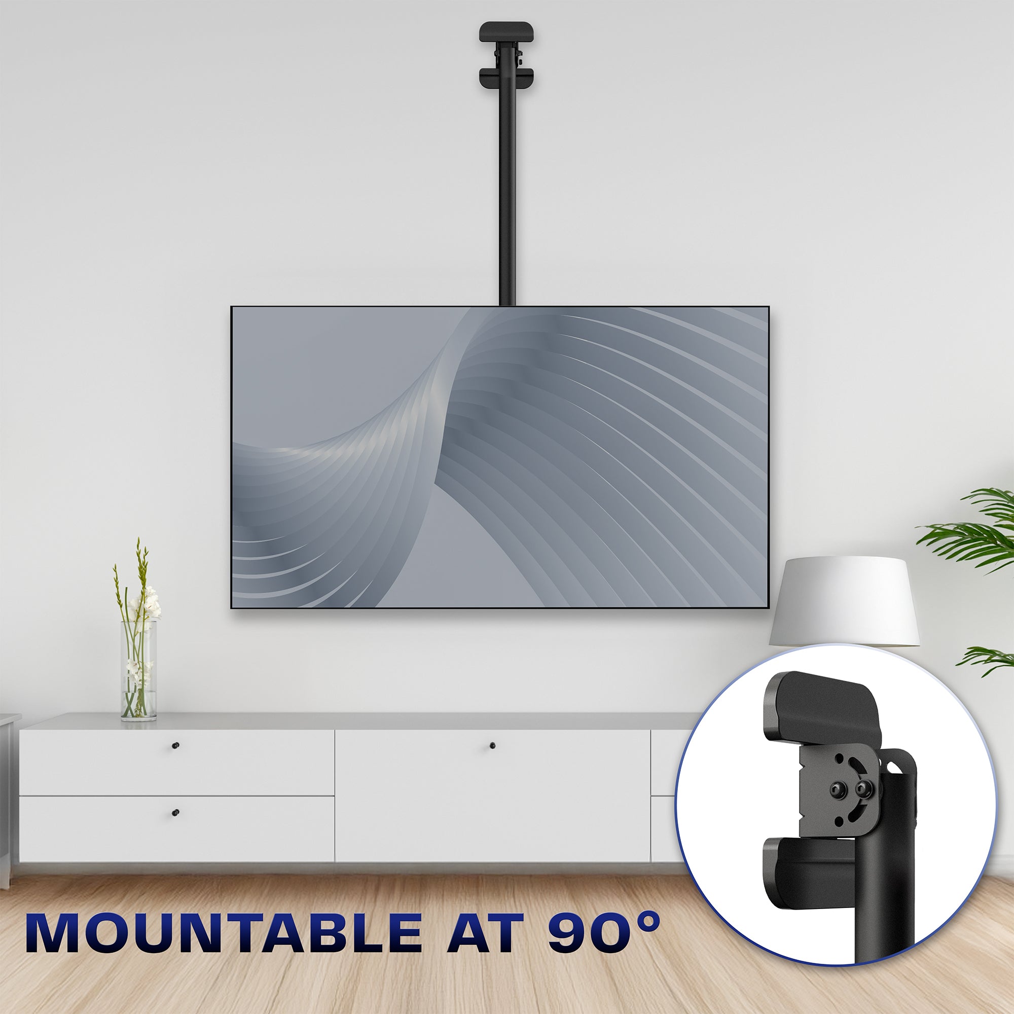 TV mounted on a wall with a close-up of the TV Ceiling Mount bracket angled at 90 degrees, text 'Mountable at 90°' displayed.