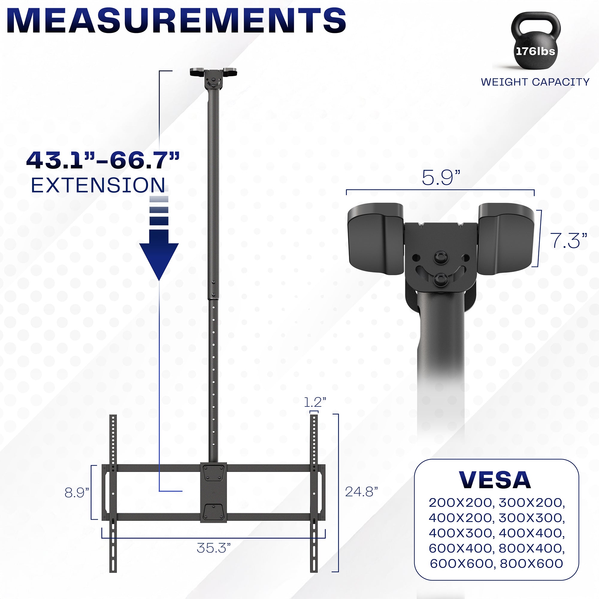 Measurement chart of a Large 50” to 100” TV Ceiling Mount with Extension Pole, weight capacity, and VESA dimensions.