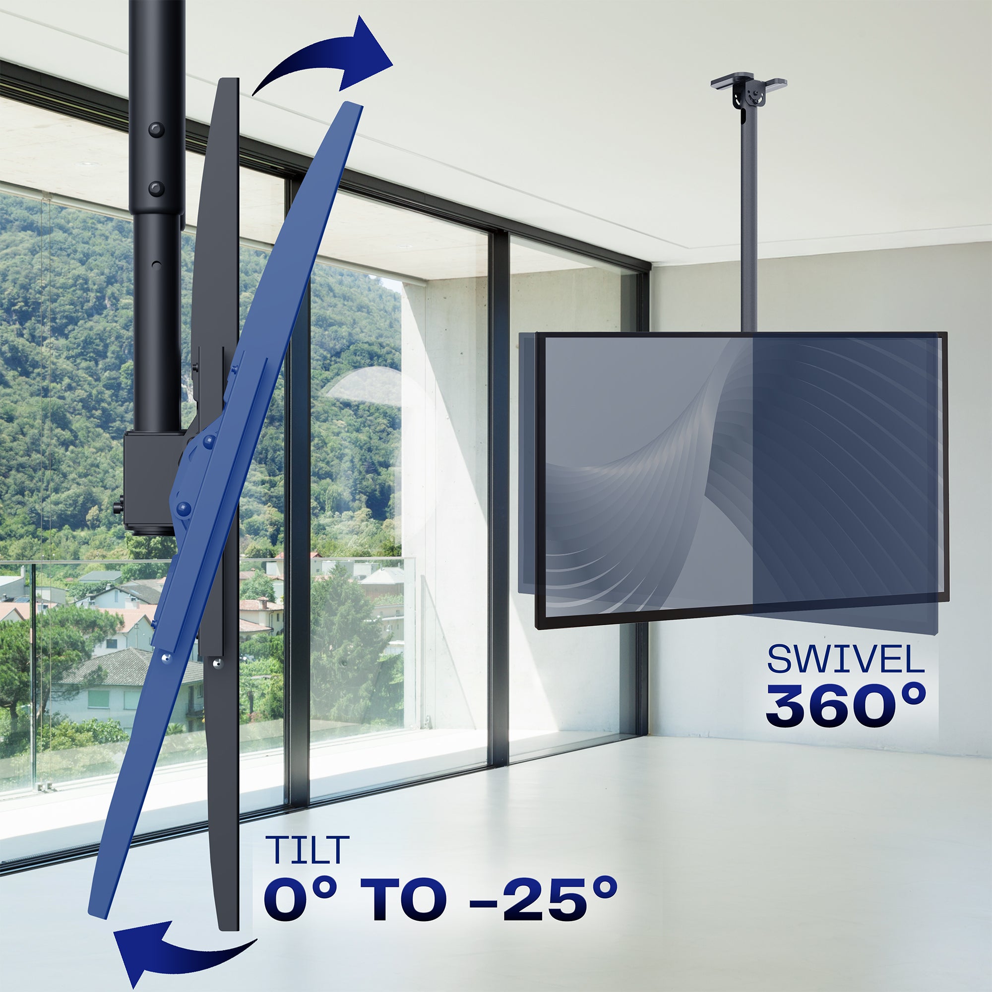 TV ceiling mount with swivel and tilt capabilities in a room with large windows.