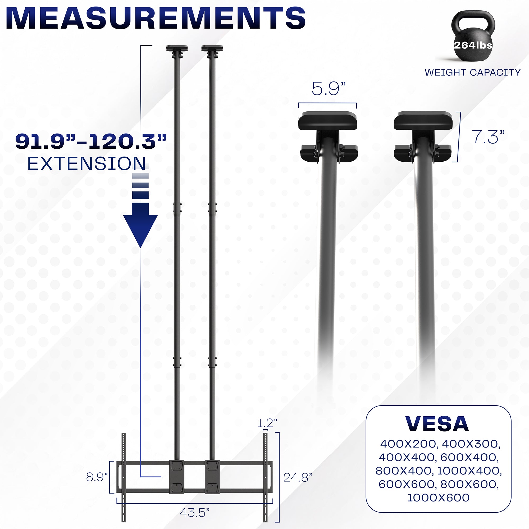 Measurement chart for a Dual Pole Extra Large 60” to 120” TV Ceiling Mount with Extension Pole, height, and VESA dimensions.