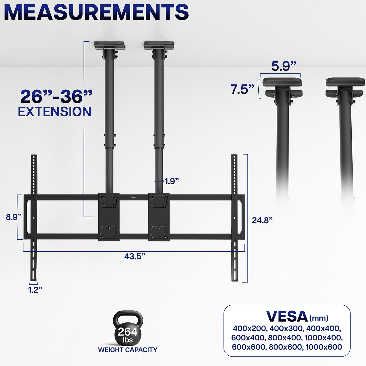 Dual Pole Extra Large TV Ceiling Mount with Extension Pole - 60” to 120” Screens