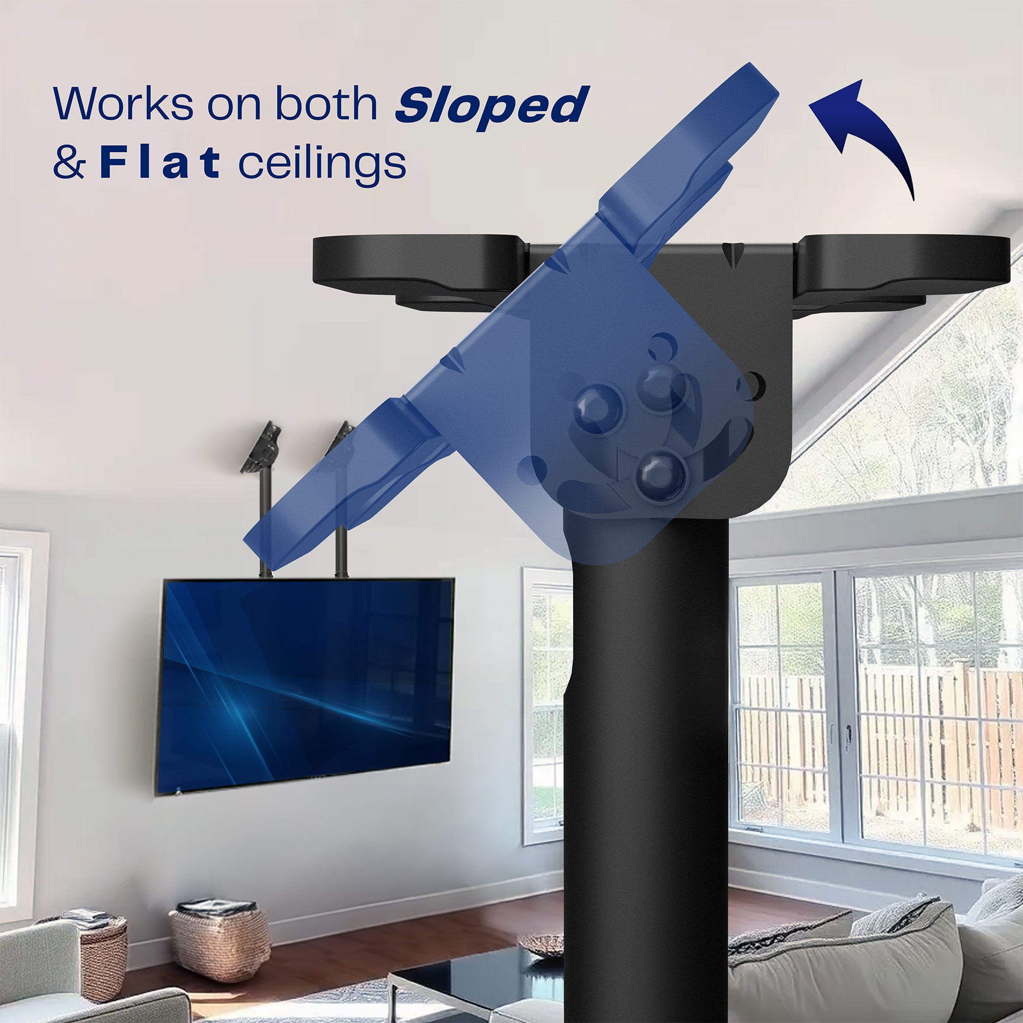 TV ceiling mount with text indicating compatibility on both sloped and flat ceilings, set against a living room background.