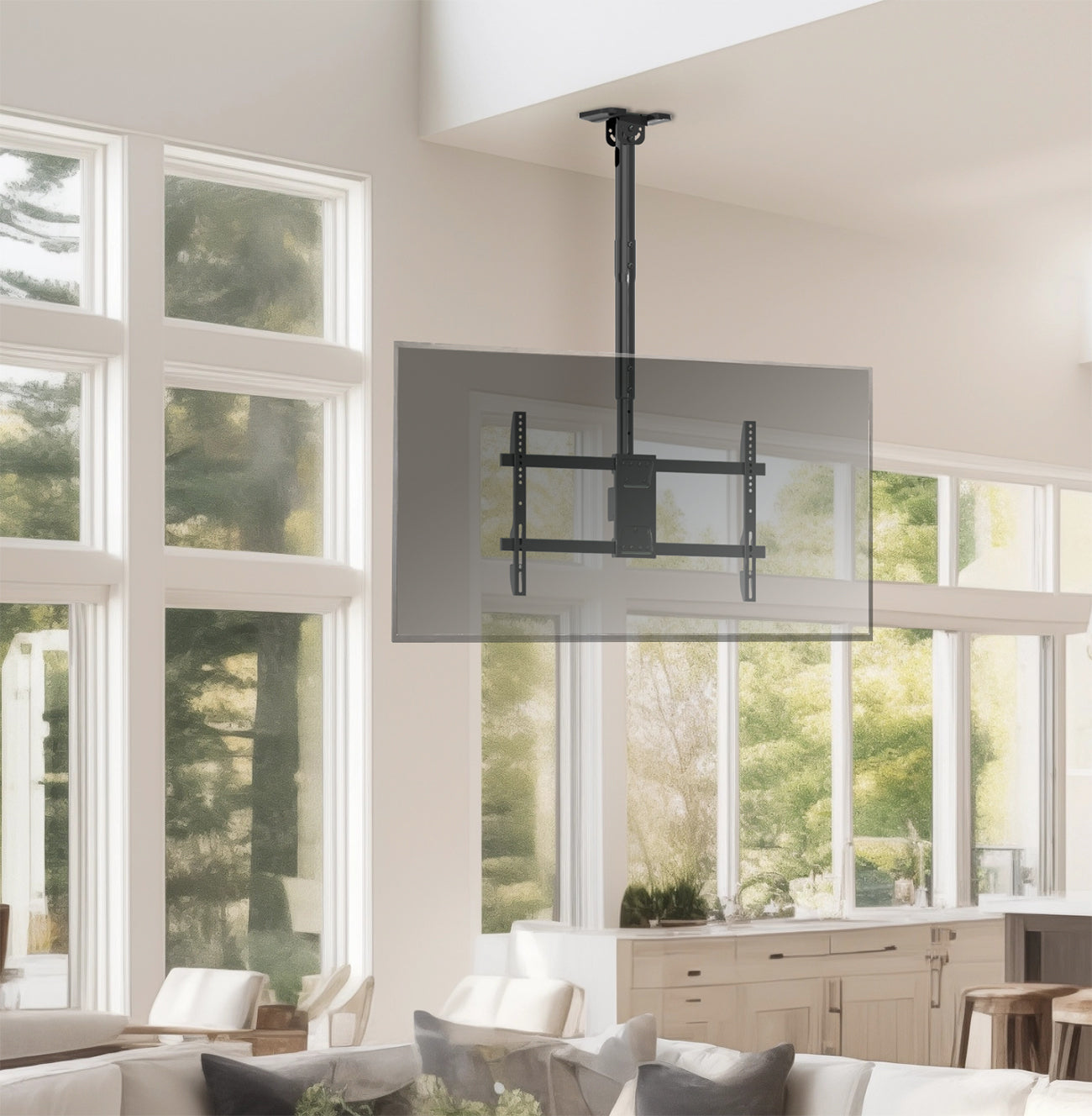 Height adjustable large TV mount with tilt, swivel, and an integrated cable management system. Mount to flat and sloped ceilings or wall with hardware and instructions included.