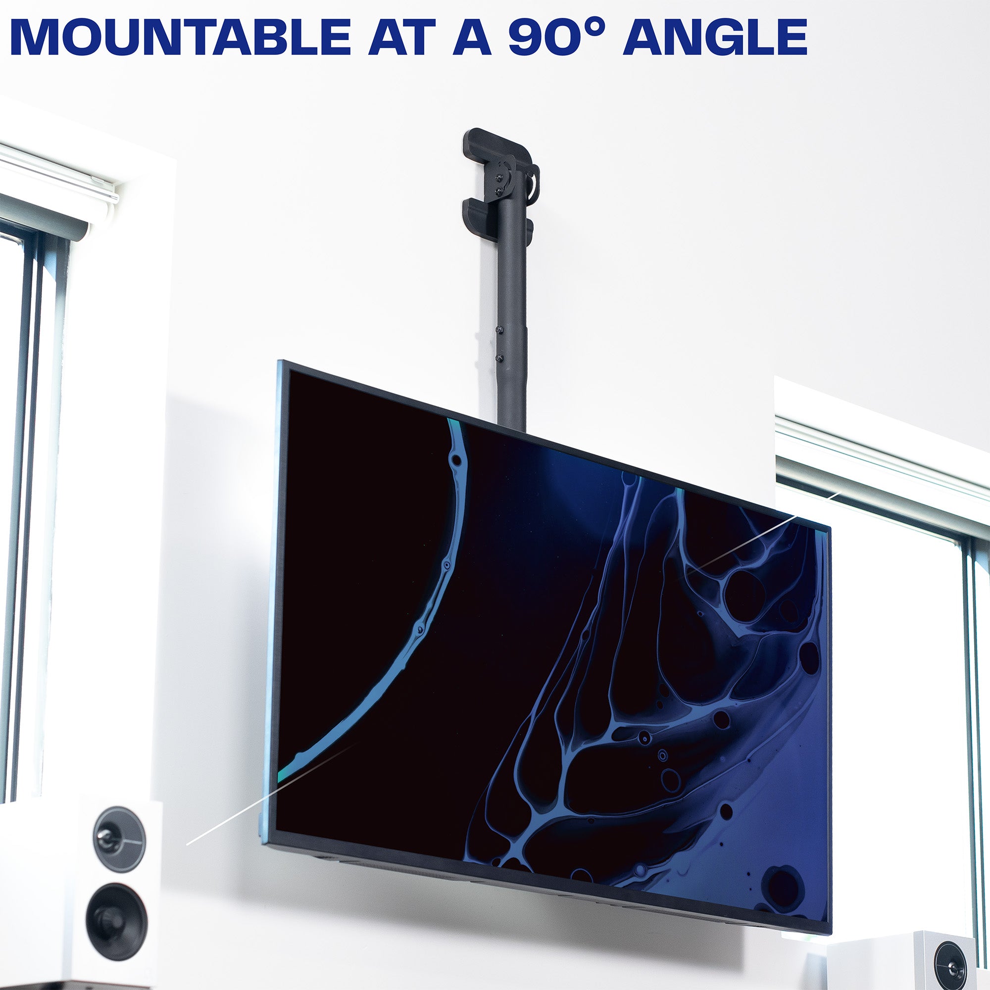 Height adjustable large TV mount with tilt, swivel, and an integrated cable management system. Mount to flat and sloped ceilings or wall with hardware and instructions included.