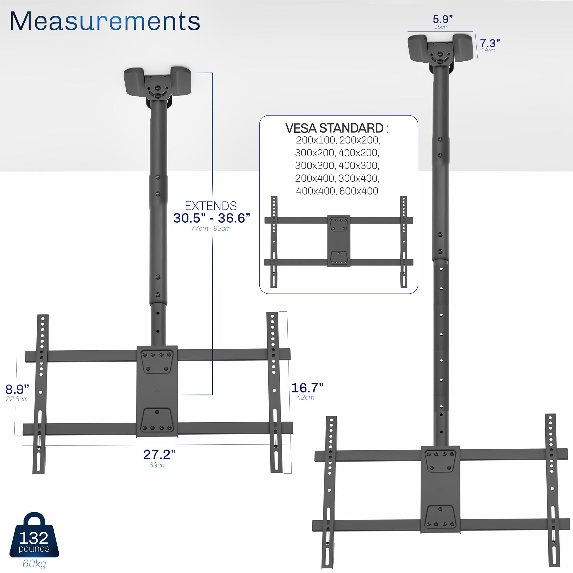 Height adjustable large TV mount with tilt, swivel, and an integrated cable management system. Mount to flat and sloped ceilings or wall with hardware and instructions included.