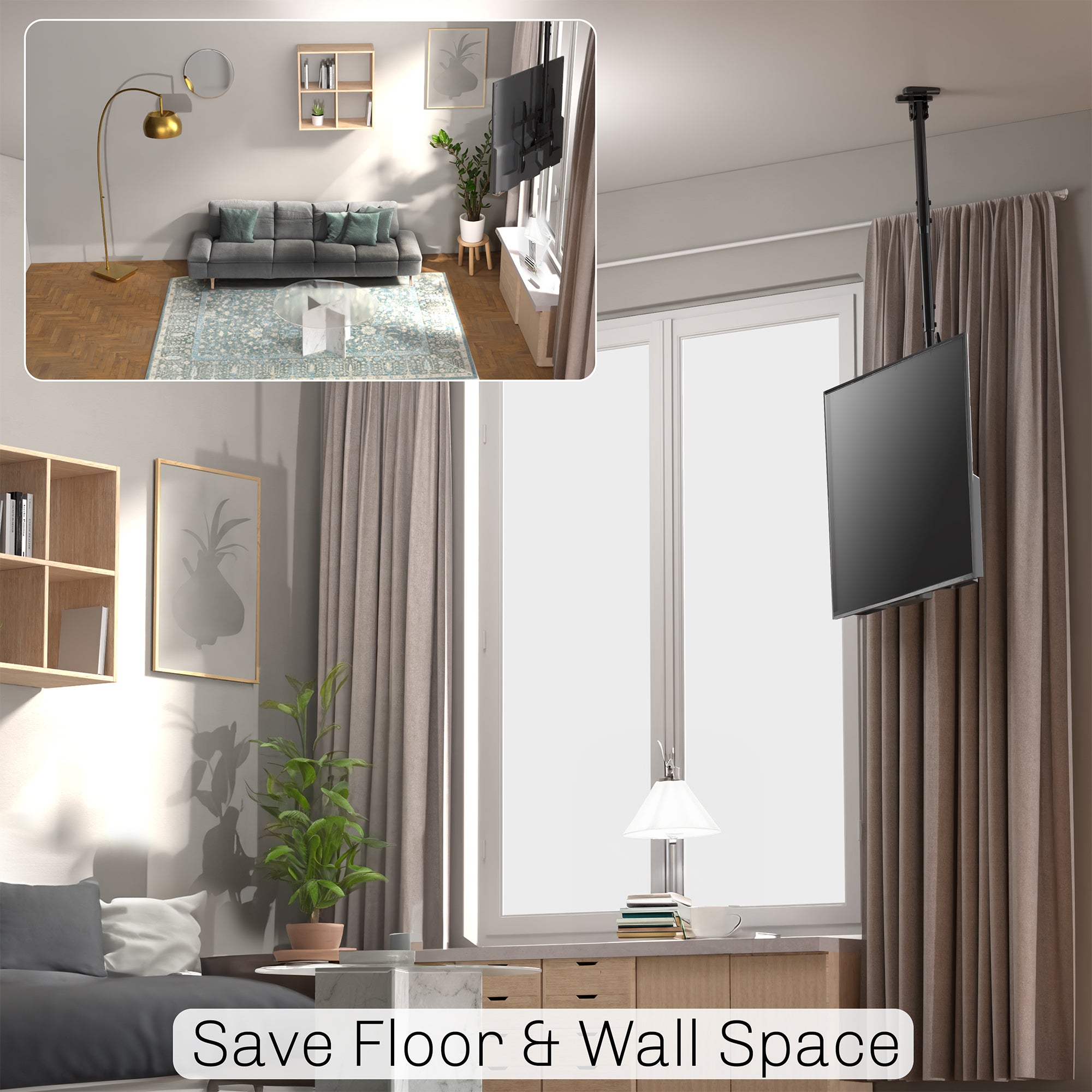 Height adjustable large TV mount with tilt, swivel, and an integrated cable management system. Mount to flat and sloped ceilings or wall with hardware and instructions included.