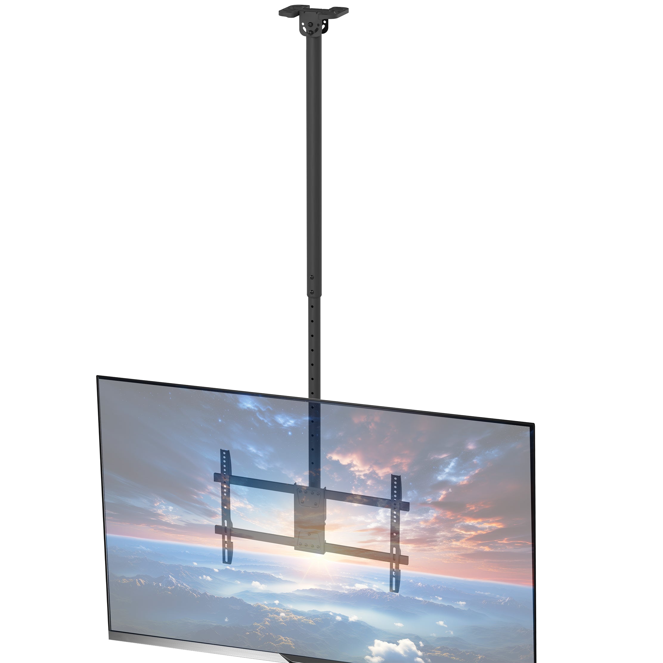 Height adjustable large TV mount with tilt, swivel, and an integrated cable management system. Mount to flat and sloped ceilings or wall with hardware and instructions included.