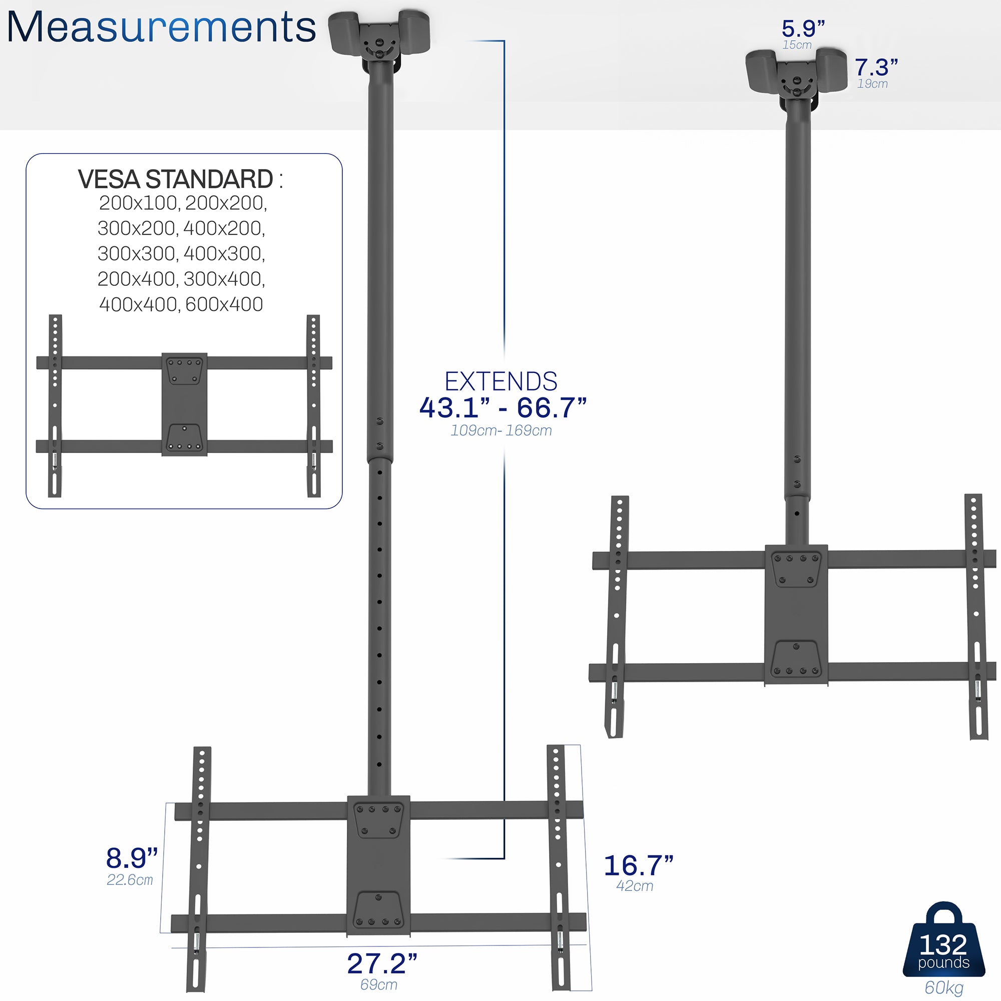 Height adjustable large TV mount with tilt, swivel, and an integrated cable management system. Mount to flat and sloped ceilings or wall with hardware and instructions included.