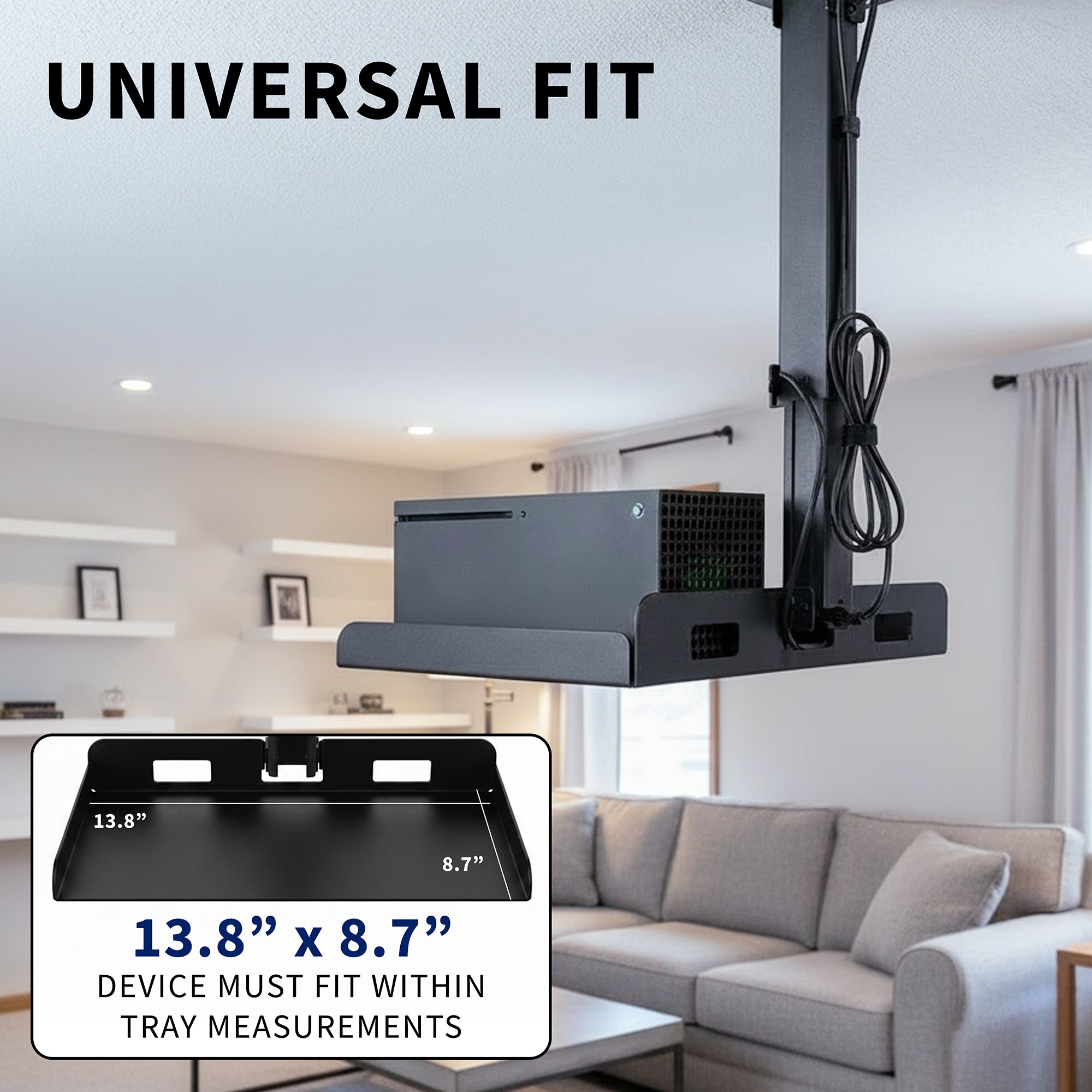 Ceiling mount for a projector with dimensions displayed, set against a living room background.