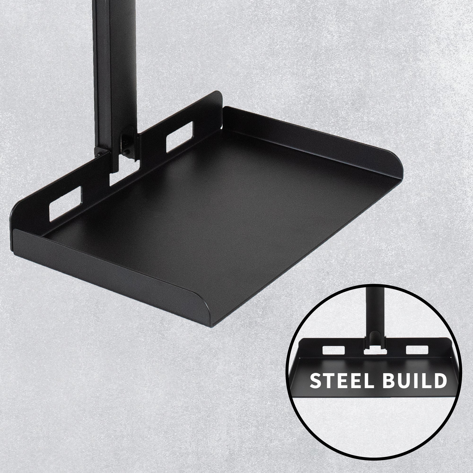Black metal projector tray with 'Steel Build' label on a gray background