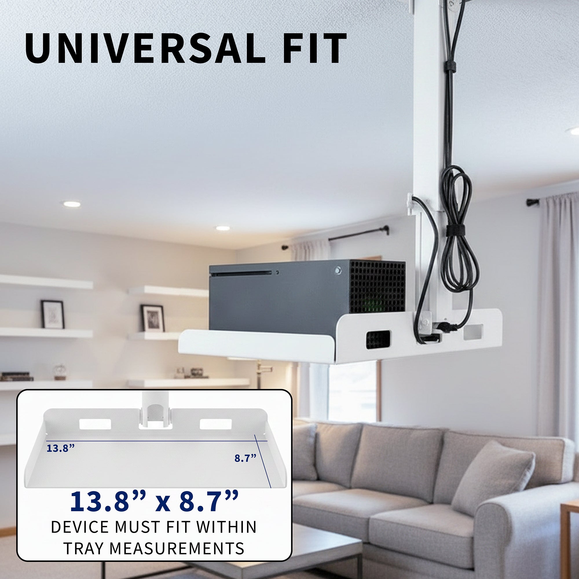 Ceiling mount for a projector with dimensions displayed, set against a living room background.