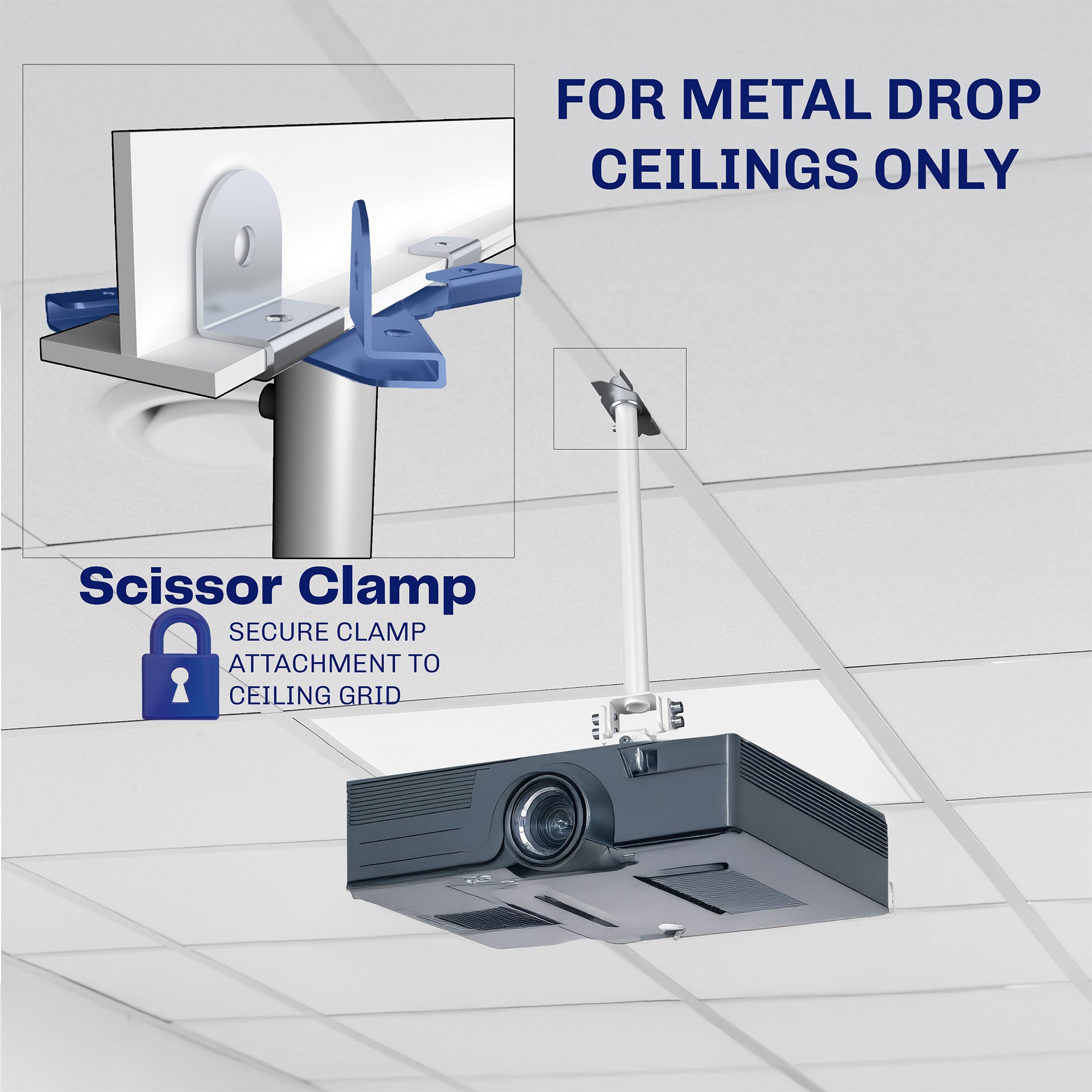 A white ceiling mount with scissor clamp designed to support projectors, featuring an adjustable length arm and a circular base.