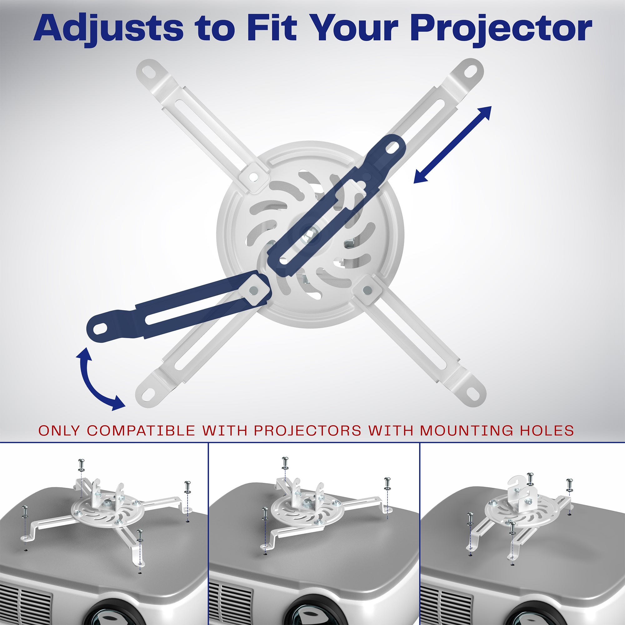 A white ceiling mount with scissor clamp designed to support projectors, featuring an adjustable length arm and a circular base.