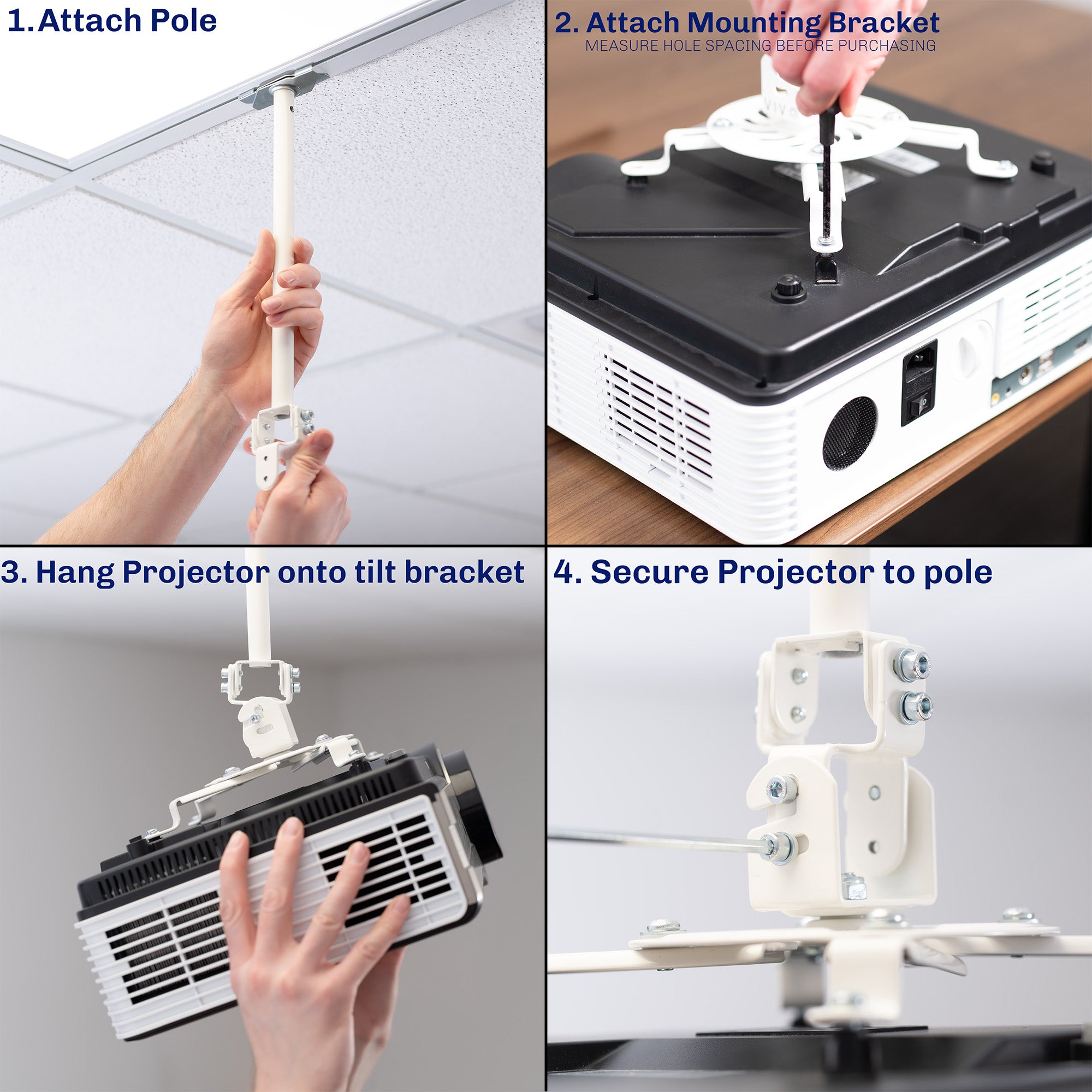 A white ceiling mount with scissor clamp designed to support projectors, featuring an adjustable length arm and a circular base.