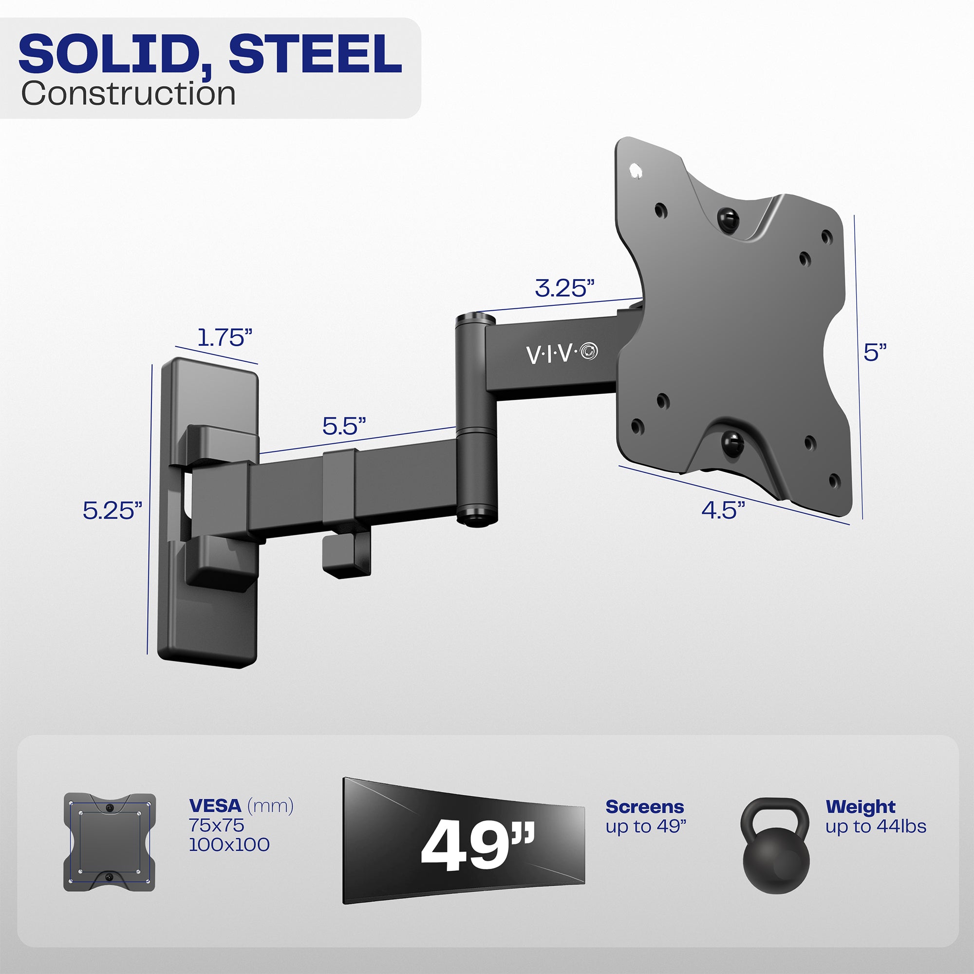Full Motion Solid, Steel Ultrawide Monitor Wall Mount for Screens up to 49"